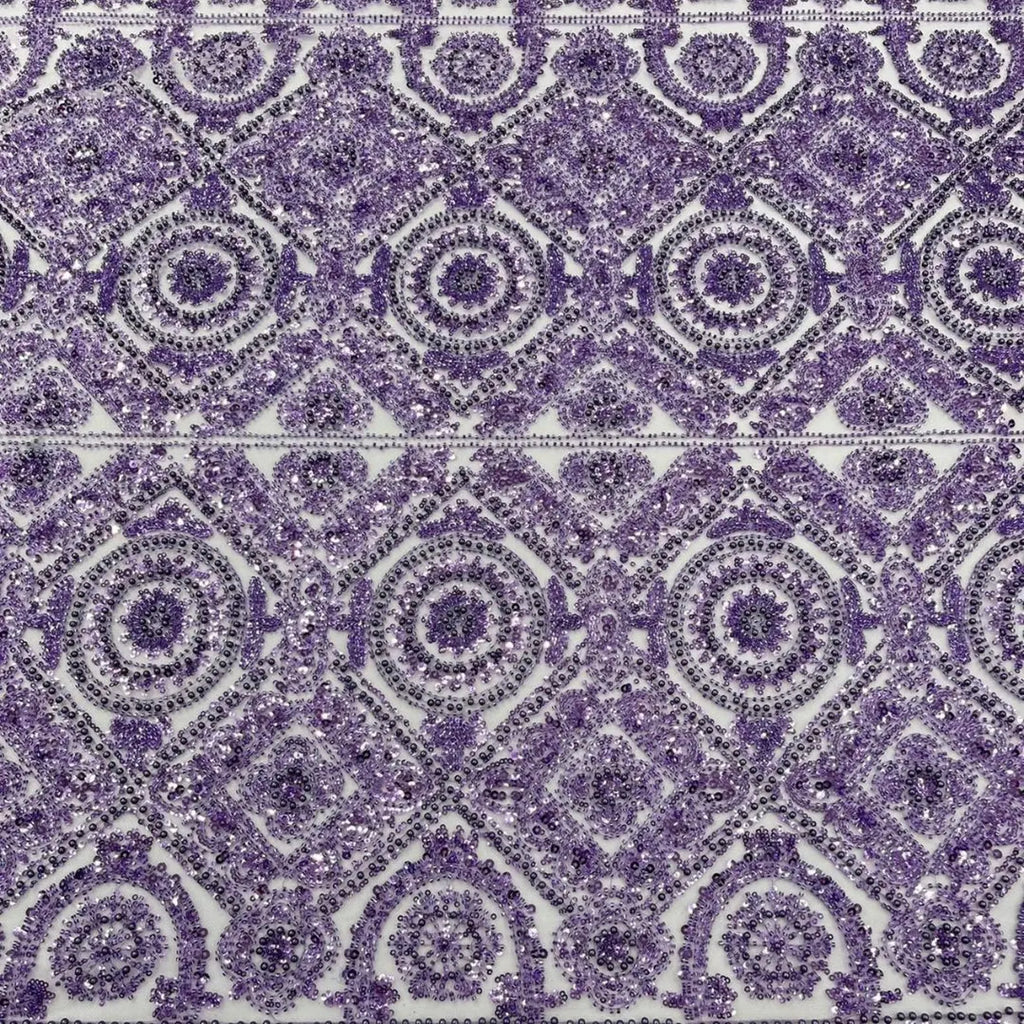 Luxurious Design Lace - Lilac - Geometric Beaded Design with Embroidered Sequins and Beads On a Mesh Lace Fabric By The Yard