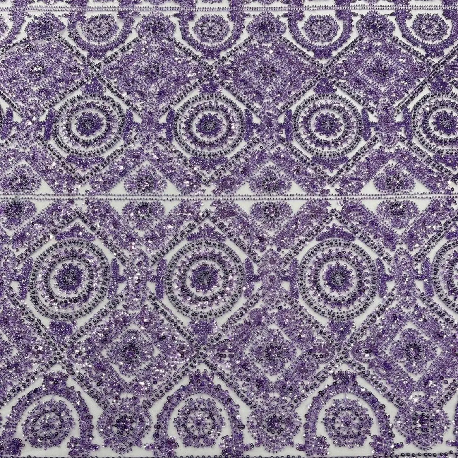 Luxurious Design Lace - Lilac - Geometric Beaded Design with Embroidered Sequins and Beads On a Mesh Lace Fabric By The Yard