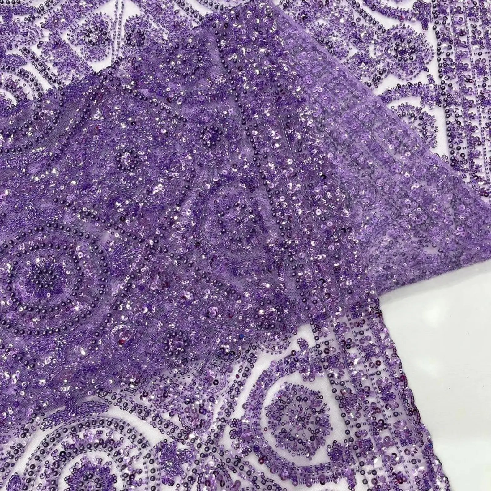 Luxurious Design Lace - Lilac - Geometric Beaded Design with Embroidered Sequins and Beads On a Mesh Lace Fabric By The Yard