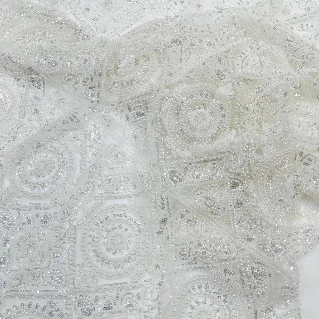 Luxurious Design Lace - Ivory - Geometric Beaded Design with Embroidered Sequins and Beads On a Mesh Lace Fabric By The Yard