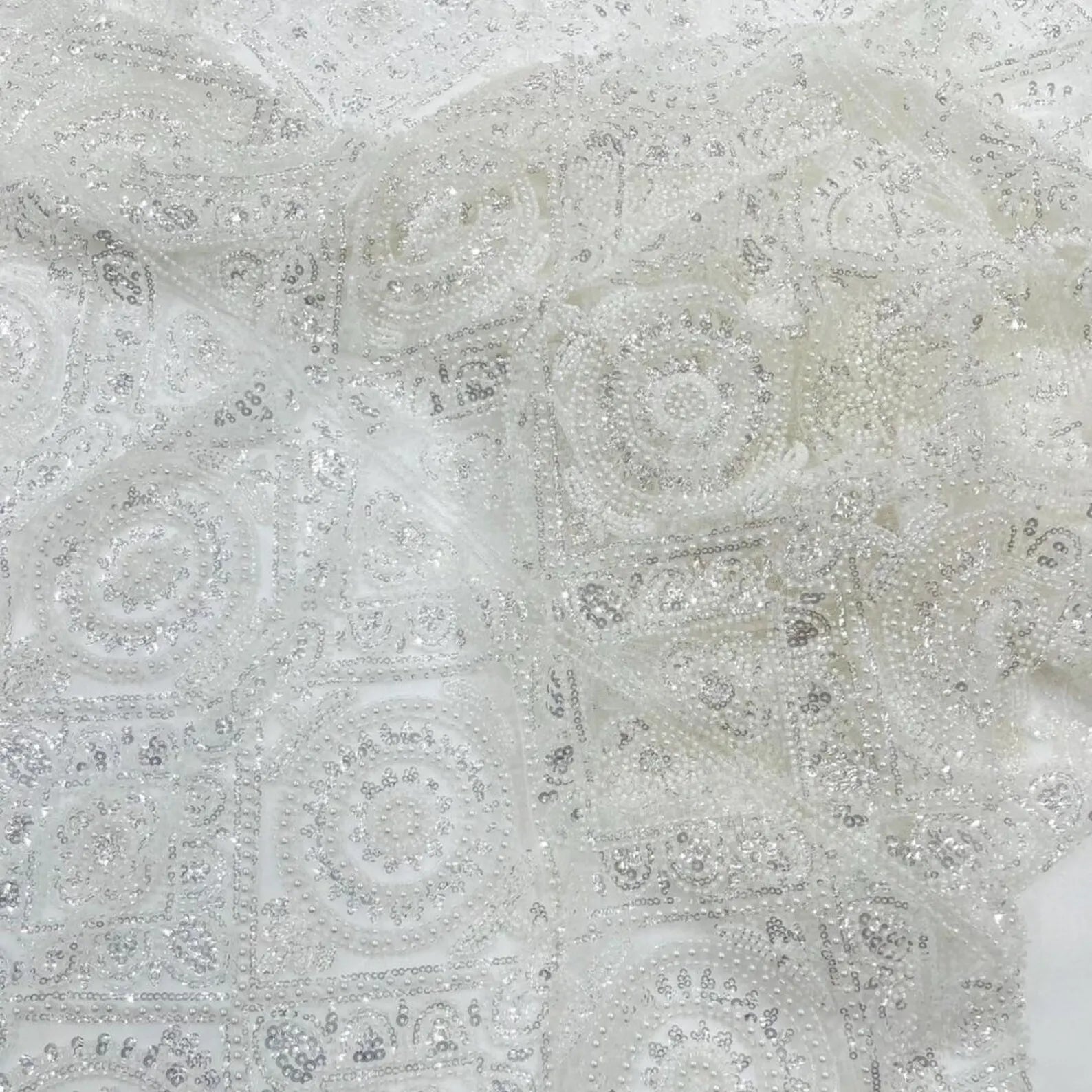 Luxurious Design Lace - Ivory - Geometric Beaded Design with Embroidered Sequins and Beads On a Mesh Lace Fabric By The Yard