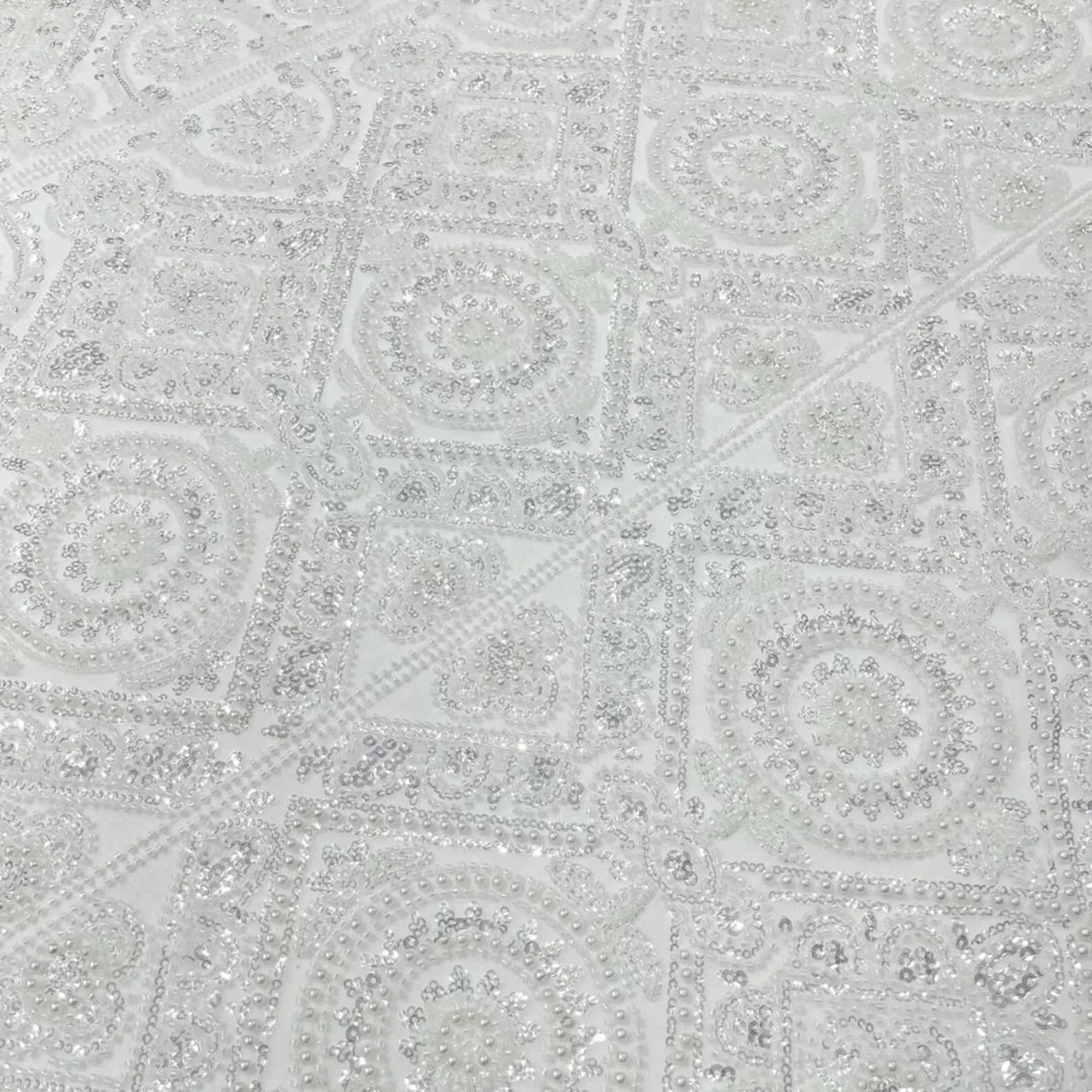 Luxurious Design Lace - Ivory - Geometric Beaded Design with Embroidered Sequins and Beads On a Mesh Lace Fabric By The Yard