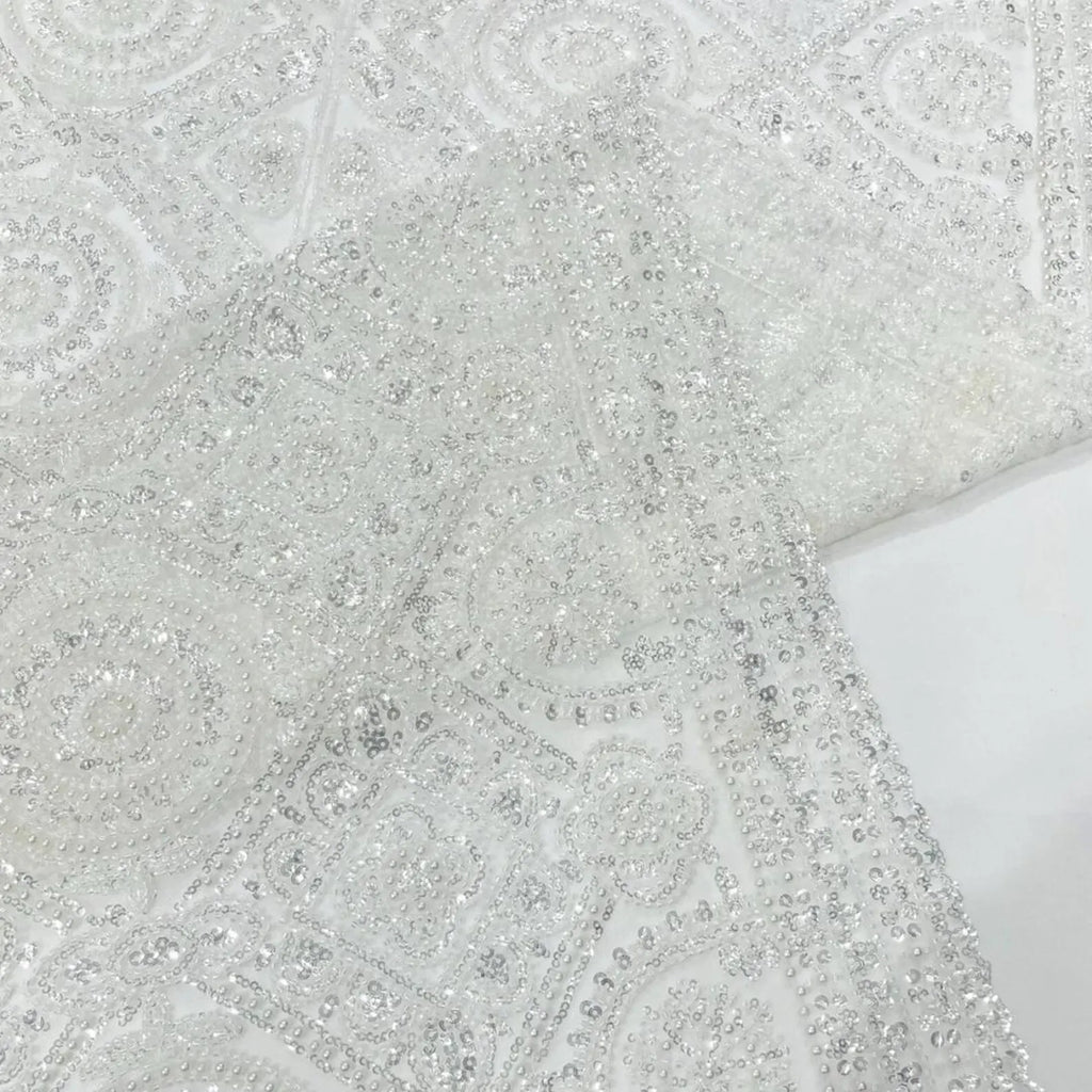 Luxurious Design Lace - Ivory - Geometric Beaded Design with Embroidered Sequins and Beads On a Mesh Lace Fabric By The Yard