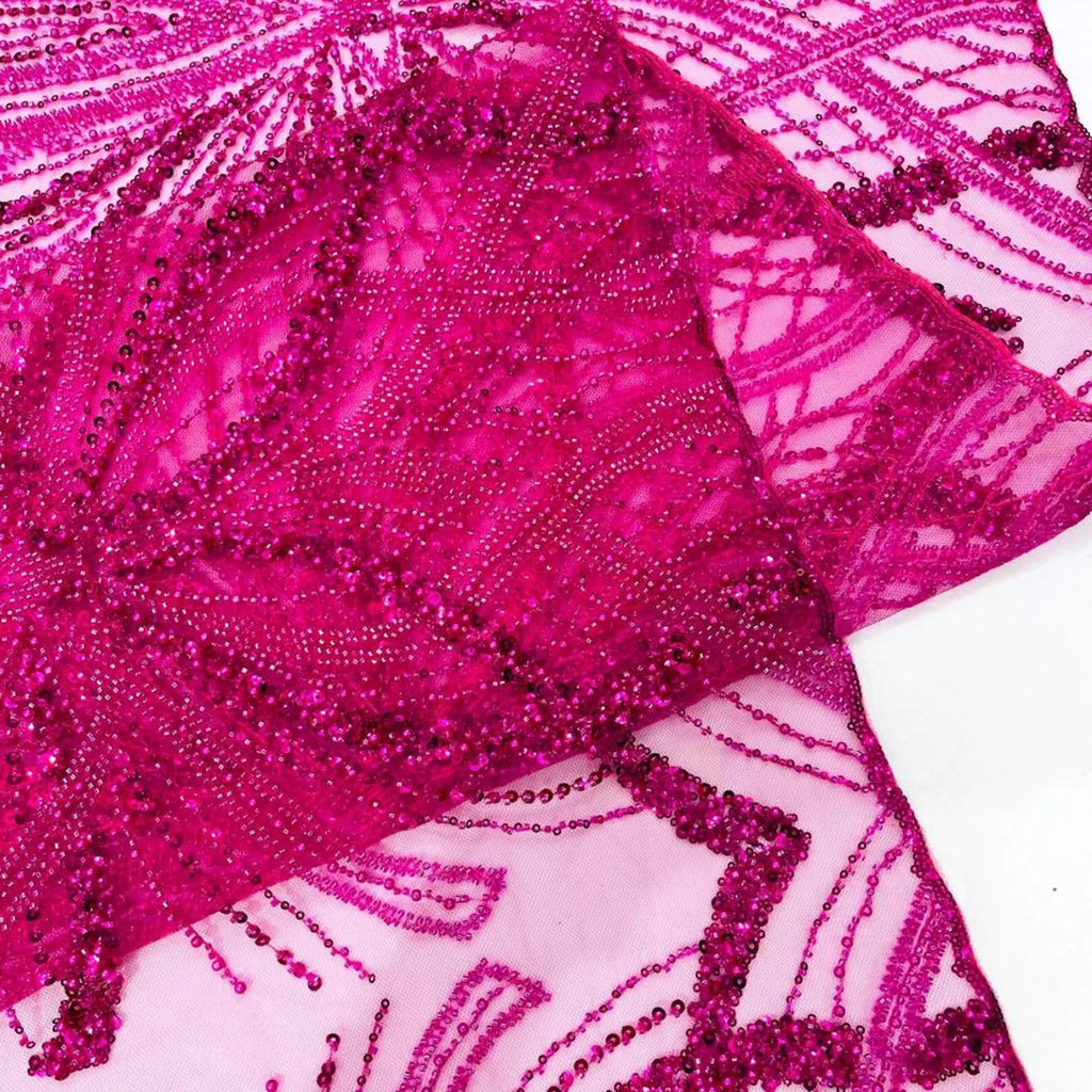 FUCHSIA - Luxurious Design Lace - Beaded Design with Embroidered Sequins and Beads On a Mesh Lace Fabric By The Yard
