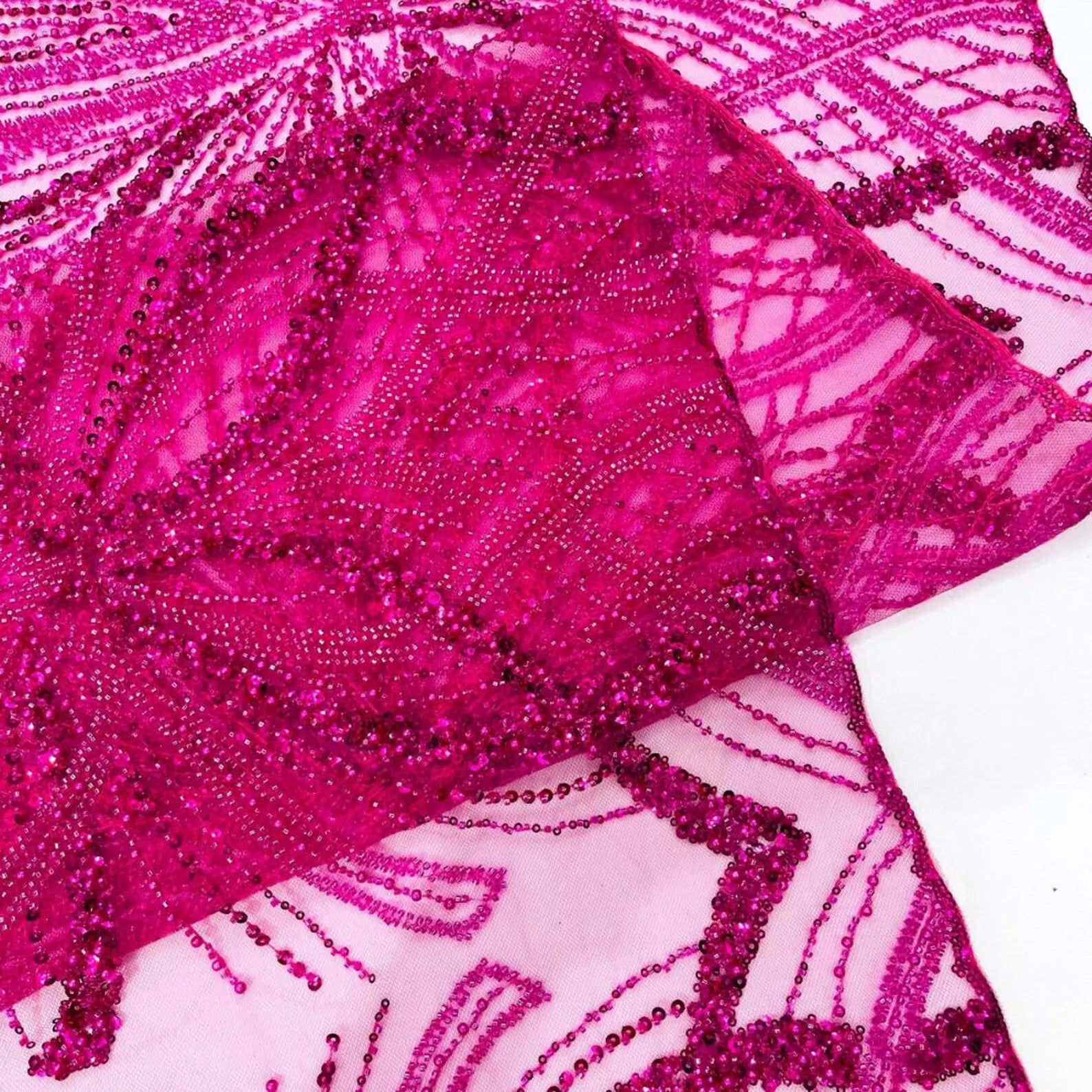 FUCHSIA - Luxurious Design Lace - Beaded Design with Embroidered Sequins and Beads On a Mesh Lace Fabric By The Yard