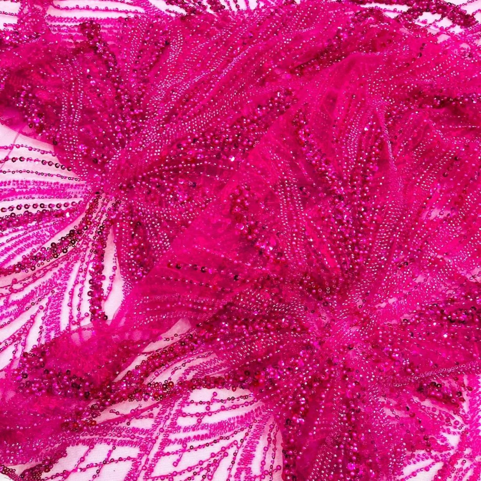 FUCHSIA - Luxurious Design Lace - Beaded Design with Embroidered Sequins and Beads On a Mesh Lace Fabric By The Yard