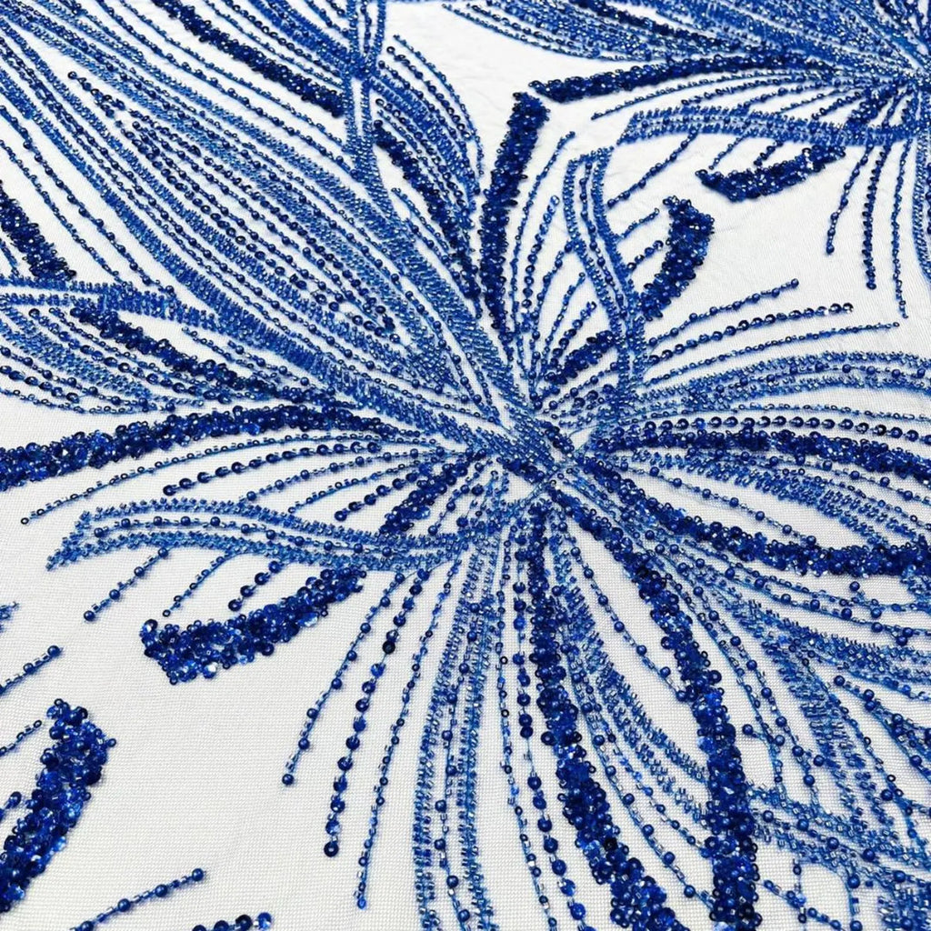 ROYAL BLUE - Luxurious Design Lace - Beaded Design with Embroidered Sequins and Beads On a Mesh Lace Fabric By The Yard
