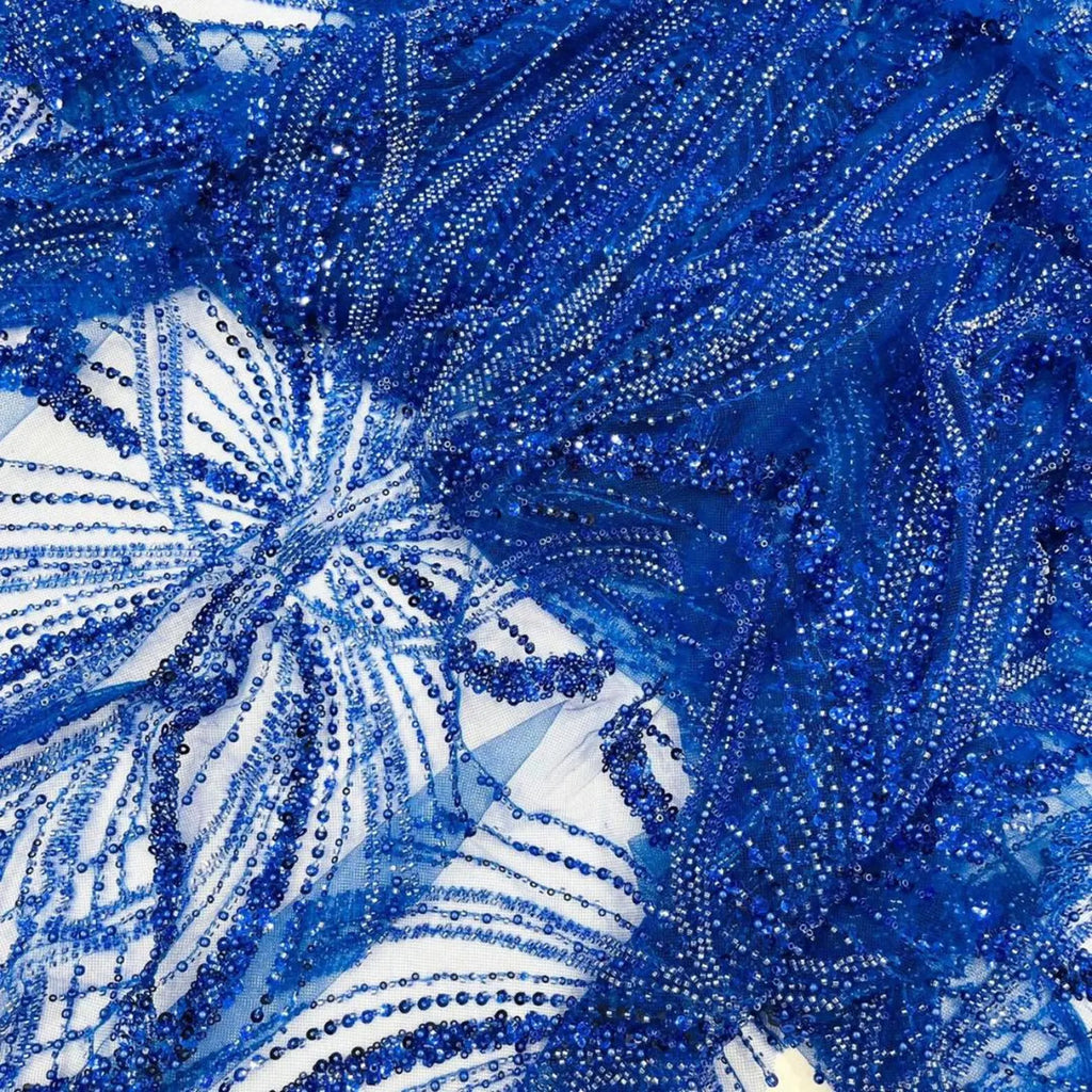 ROYAL BLUE - Luxurious Design Lace - Beaded Design with Embroidered Sequins and Beads On a Mesh Lace Fabric By The Yard