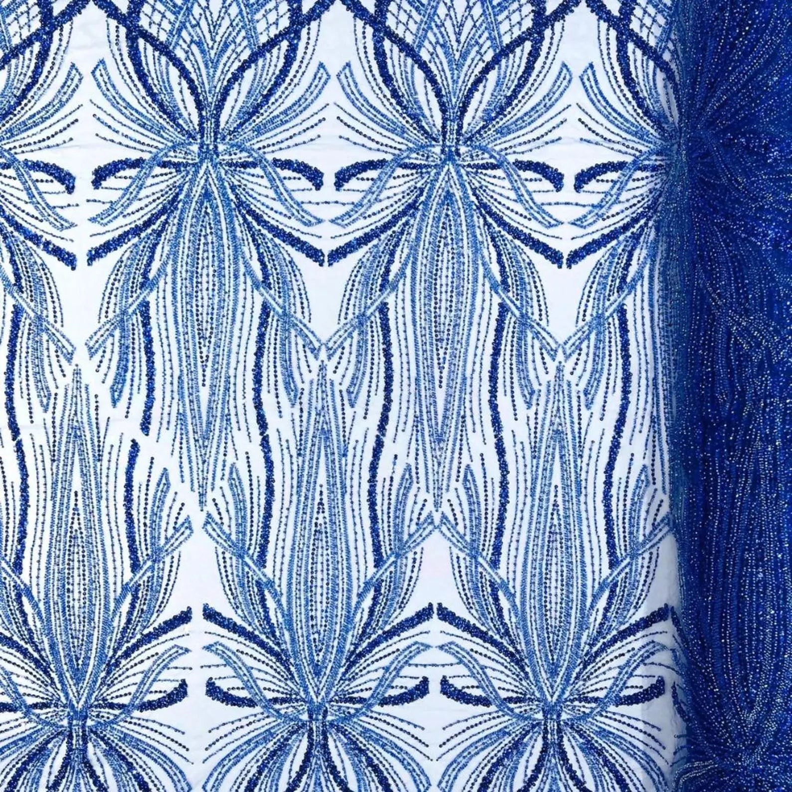 ROYAL BLUE - Luxurious Design Lace - Beaded Design with Embroidered Sequins and Beads On a Mesh Lace Fabric By The Yard