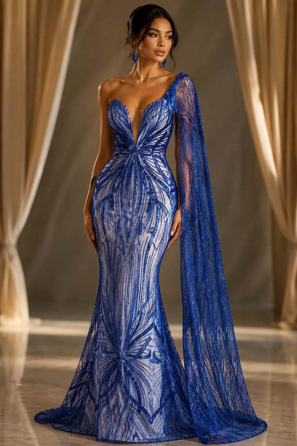 ROYAL BLUE - Luxurious Design Lace - Beaded Design with Embroidered Sequins and Beads On a Mesh Lace Fabric By The Yard
