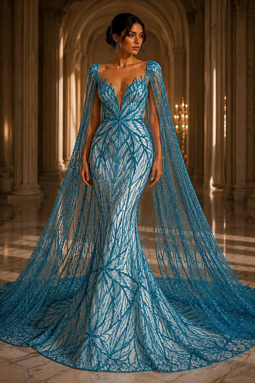 TURQUOISE - Luxurious Design Lace - Beaded Design with Embroidered Sequins and Beads On a Mesh Lace Fabric By The Yard