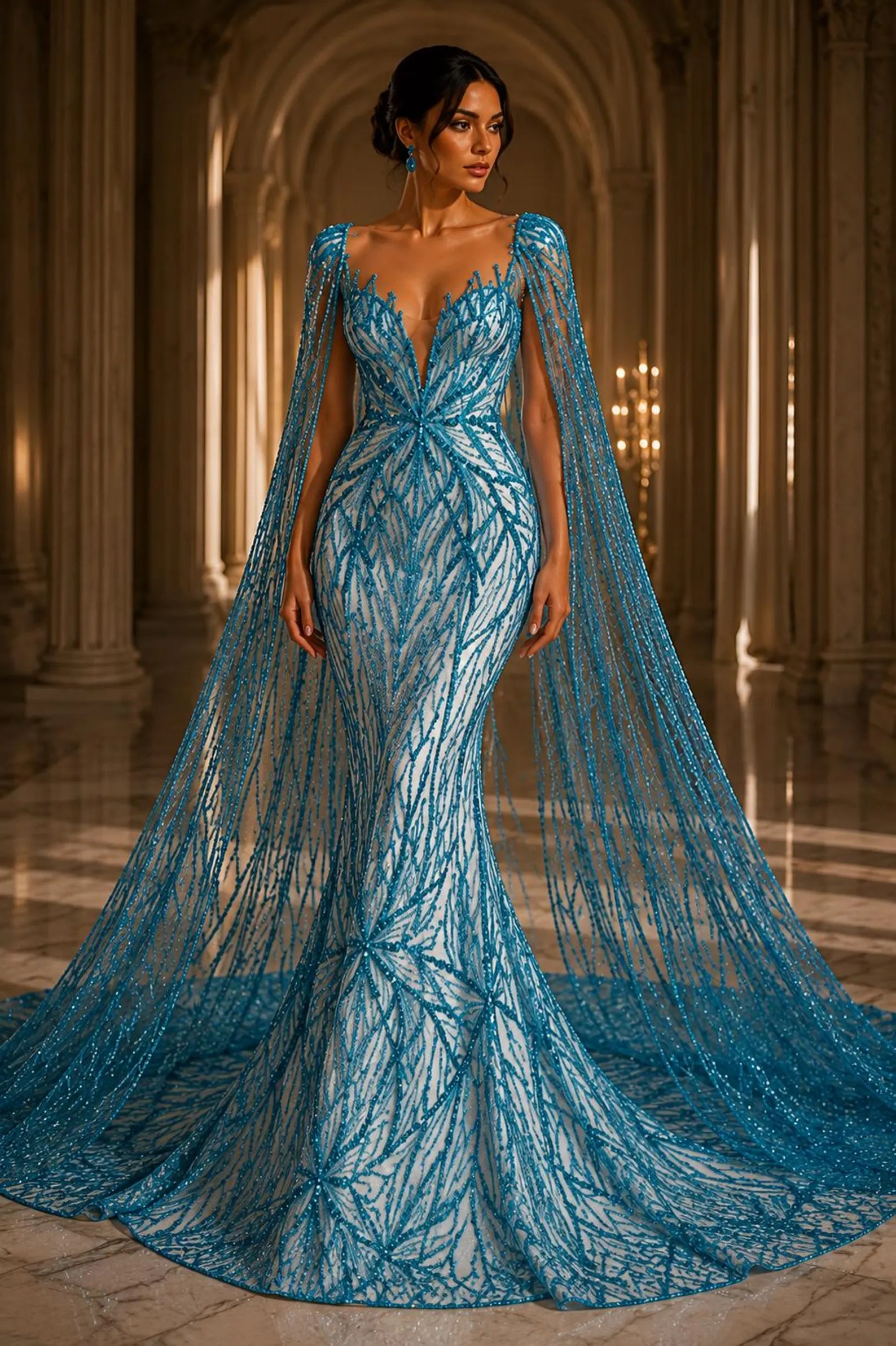 TURQUOISE - Luxurious Design Lace - Beaded Design with Embroidered Sequins and Beads On a Mesh Lace Fabric By The Yard