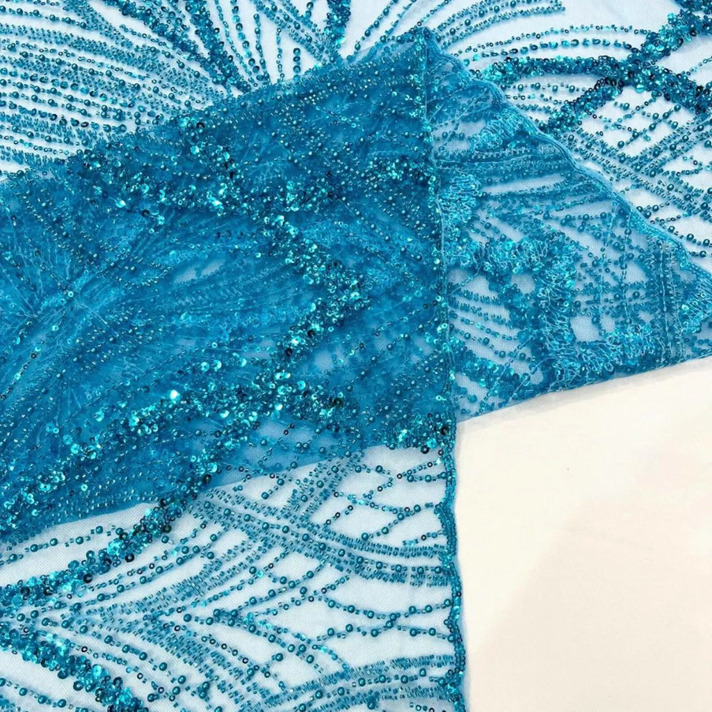 TURQUOISE - Luxurious Design Lace - Beaded Design with Embroidered Sequins and Beads On a Mesh Lace Fabric By The Yard