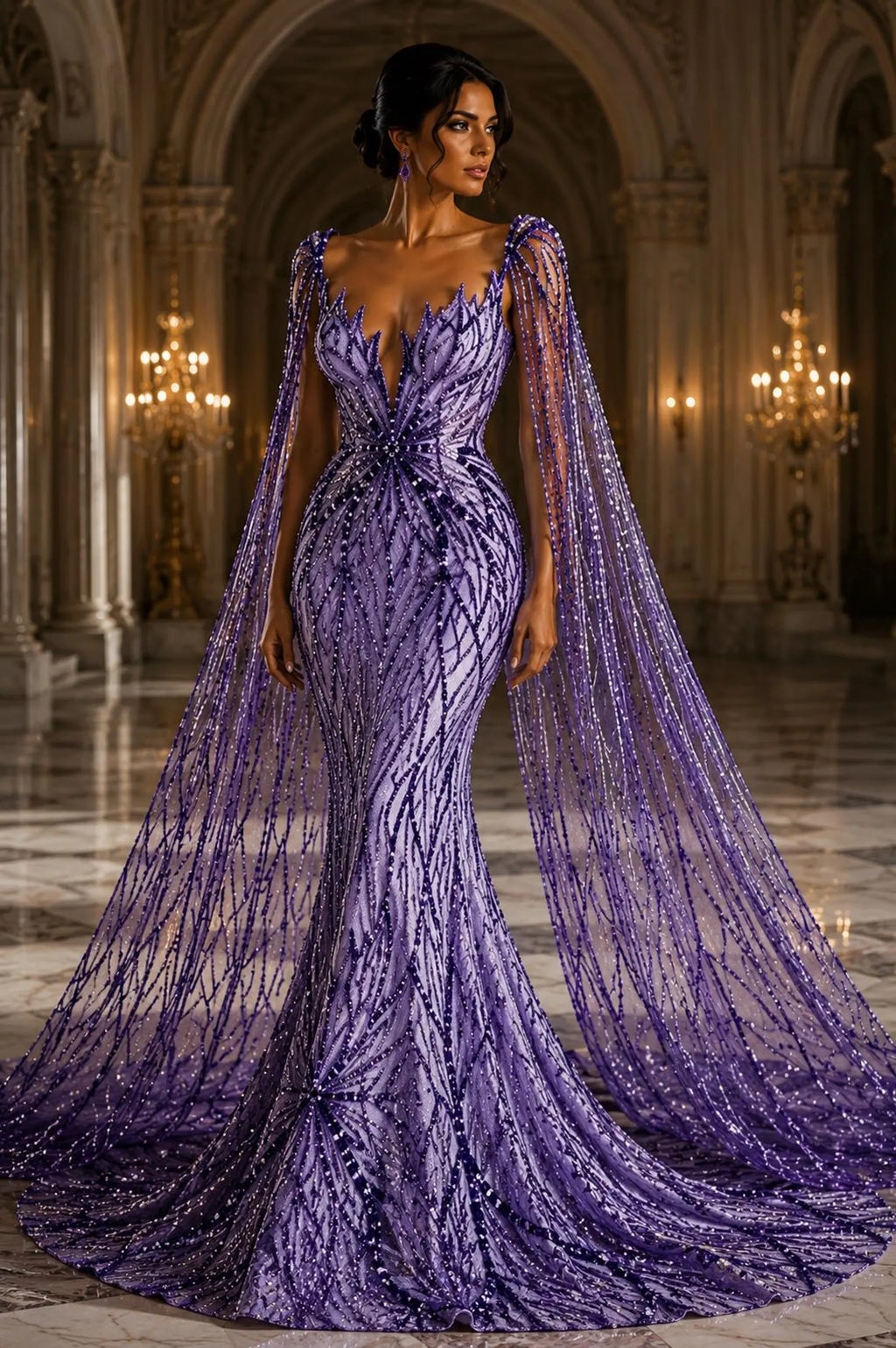 PURPLE - Luxurious Design Lace - Beaded Design with Embroidered Sequins and Beads On a Mesh Lace Fabric By The Yard