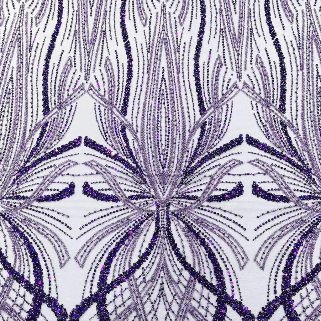 PURPLE - Luxurious Design Lace - Beaded Design with Embroidered Sequins and Beads On a Mesh Lace Fabric By The Yard