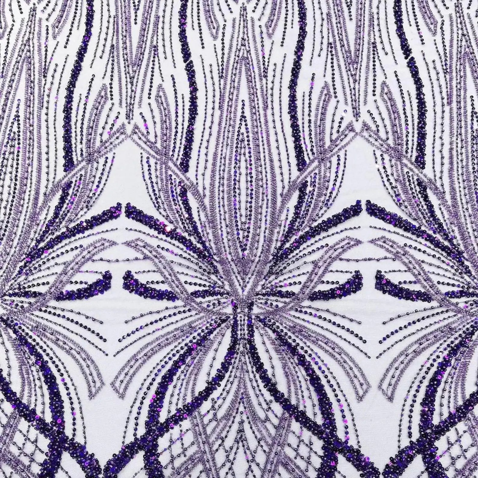 PURPLE - Luxurious Design Lace - Beaded Design with Embroidered Sequins and Beads On a Mesh Lace Fabric By The Yard