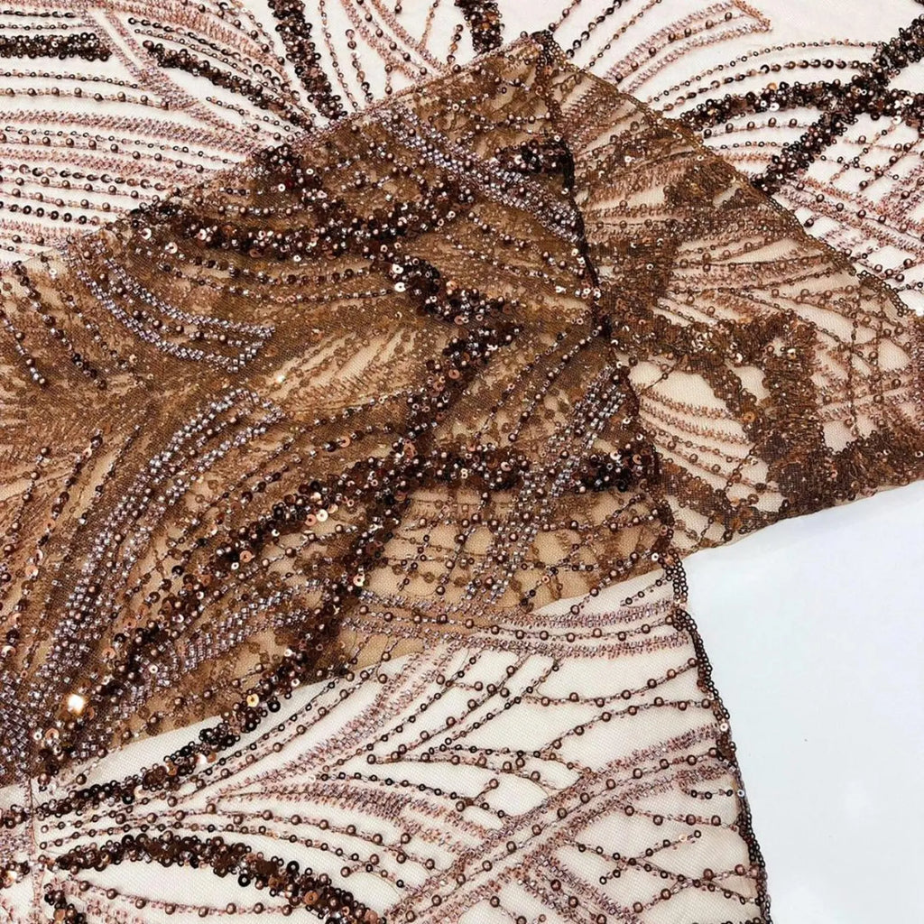 BROWN - Luxurious Design Lace - Beaded Design with Embroidered Sequins and Beads On a Mesh Lace Fabric By The Yard