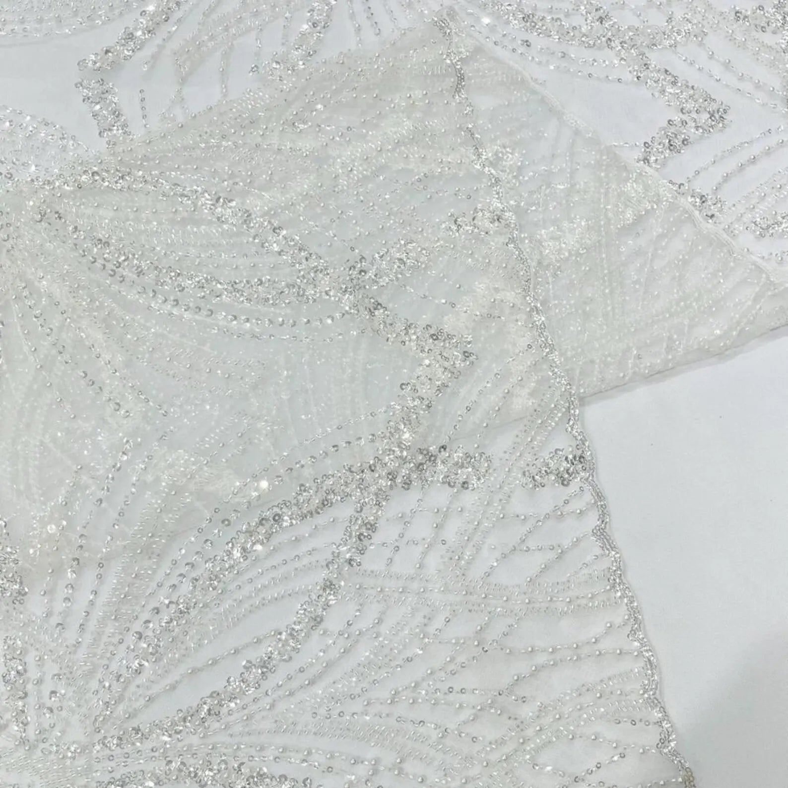 IVORY - Luxurious Design Lace - Beaded Design with Embroidered Sequins and Beads On a Mesh Lace Fabric By The Yard