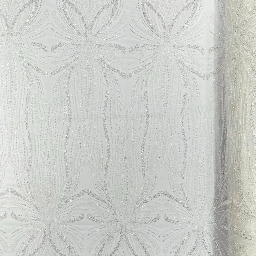 IVORY - Luxurious Design Lace - Beaded Design with Embroidered Sequins and Beads On a Mesh Lace Fabric By The Yard
