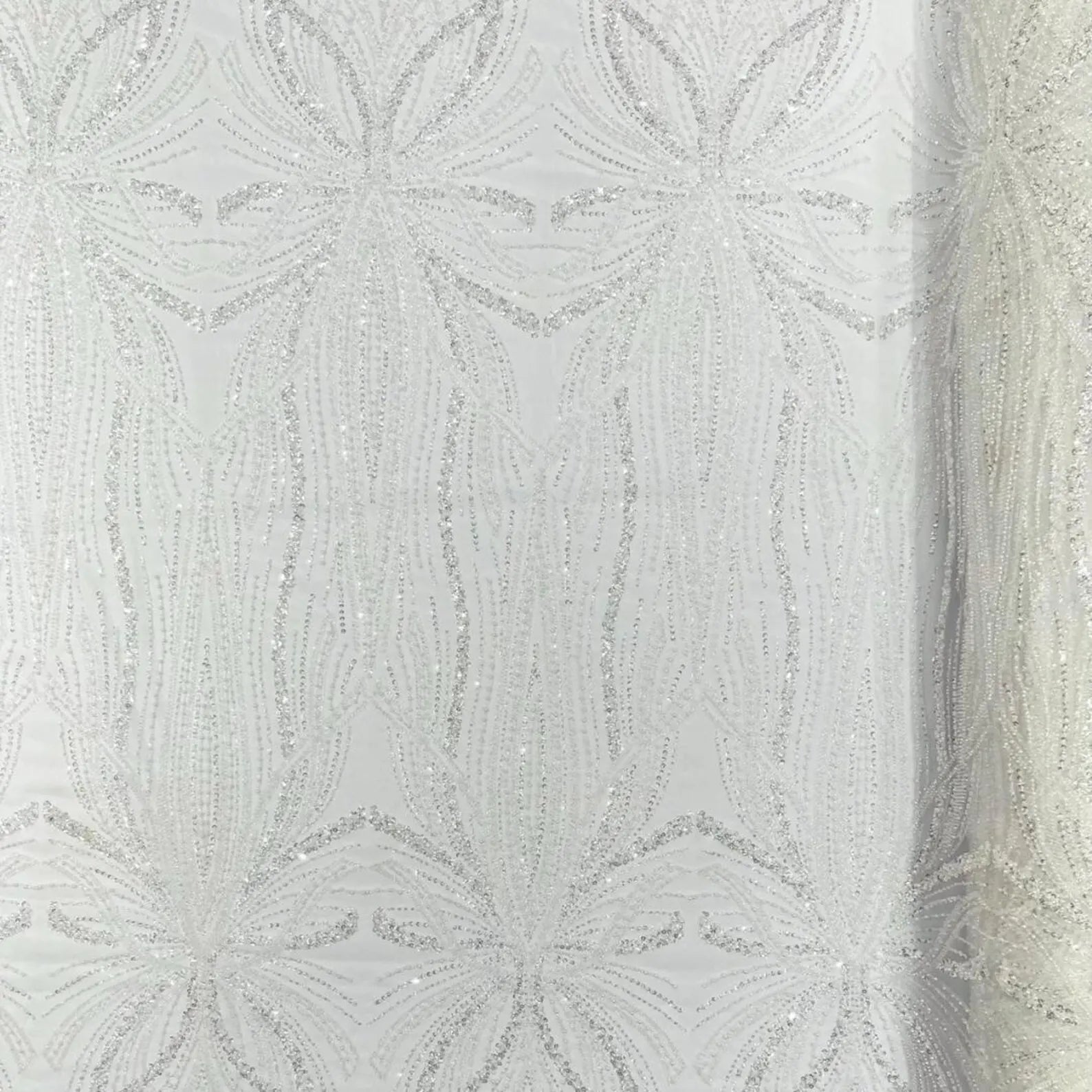 IVORY - Luxurious Design Lace - Beaded Design with Embroidered Sequins and Beads On a Mesh Lace Fabric By The Yard