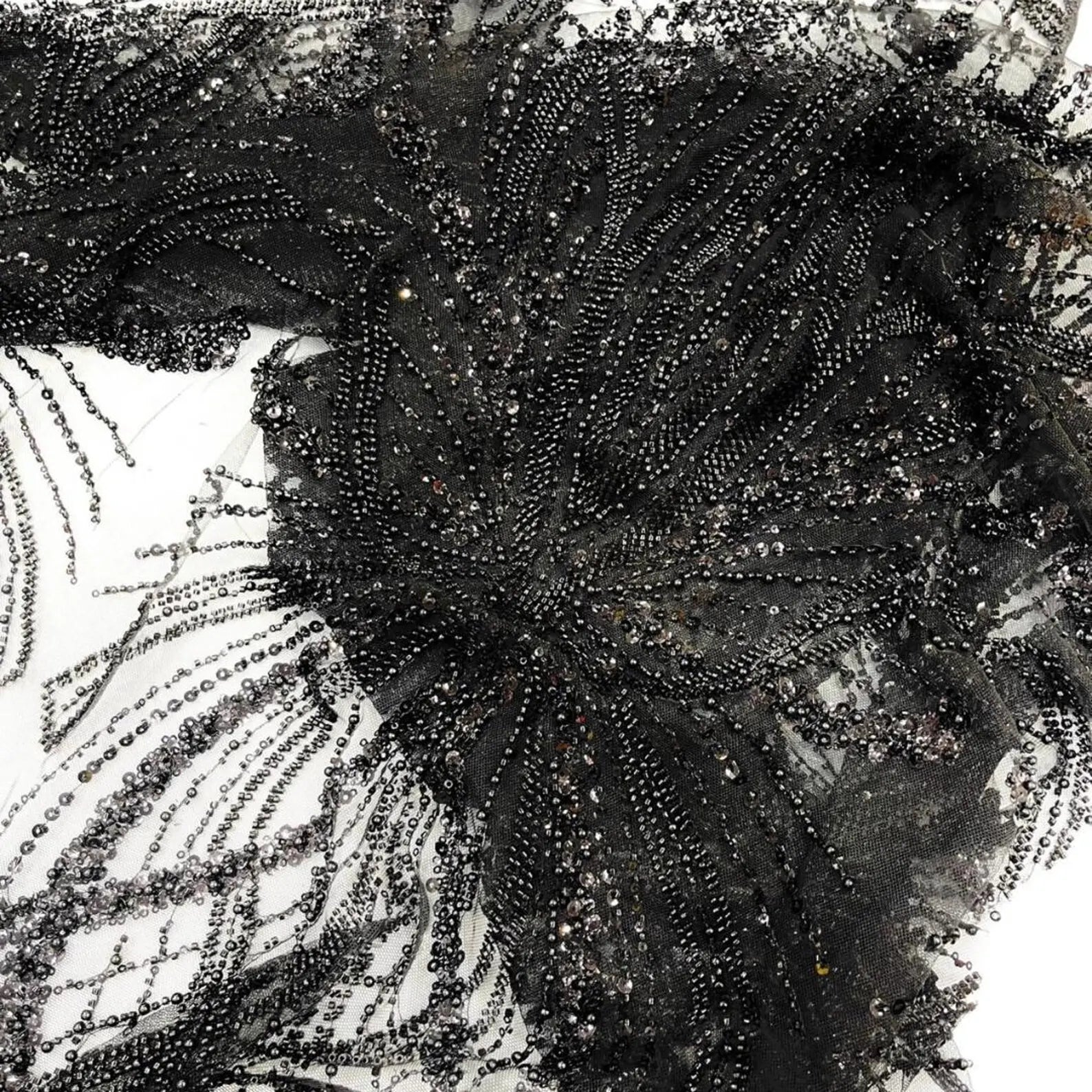 BLACK - Luxurious Design Lace - Beaded Design with Embroidered Sequins and Beads On a Mesh Lace Fabric By The Yard