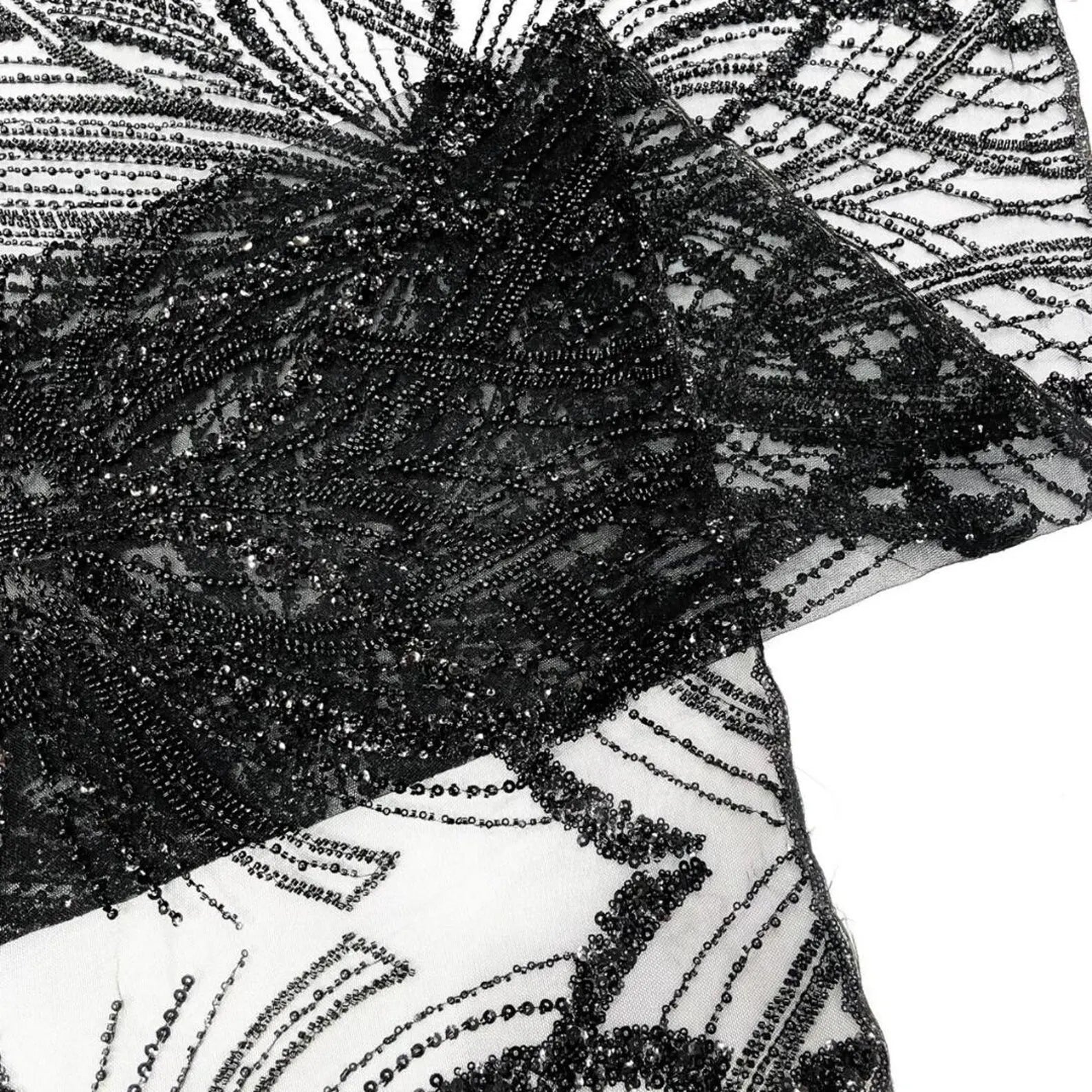 BLACK - Luxurious Design Lace - Beaded Design with Embroidered Sequins and Beads On a Mesh Lace Fabric By The Yard