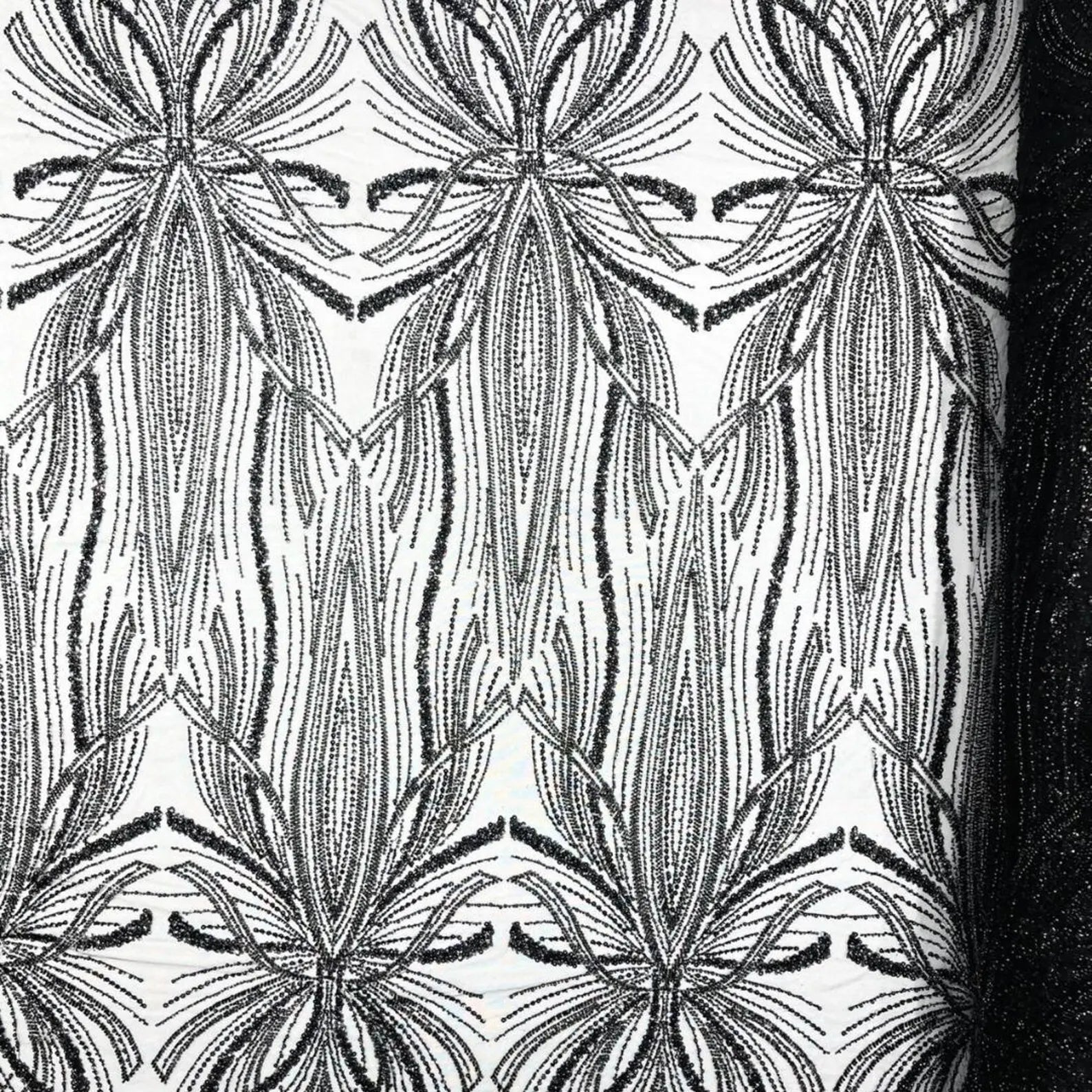 BLACK - Luxurious Design Lace - Beaded Design with Embroidered Sequins and Beads On a Mesh Lace Fabric By The Yard