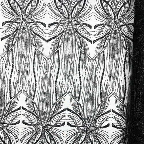 BLACK - Luxurious Design Lace - Beaded Design with Embroidered Sequins and Beads On a Mesh Lace Fabric By The Yard
