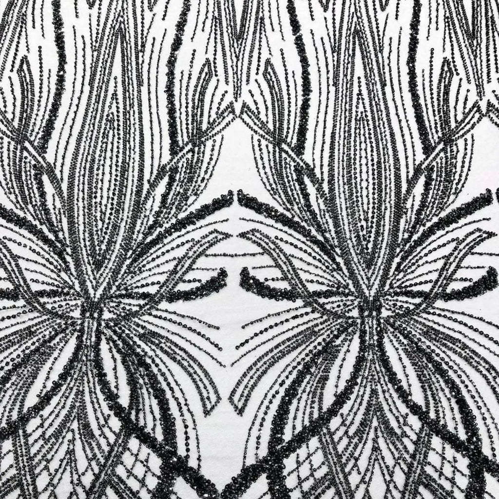 BLACK - Luxurious Design Lace - Beaded Design with Embroidered Sequins and Beads On a Mesh Lace Fabric By The Yard
