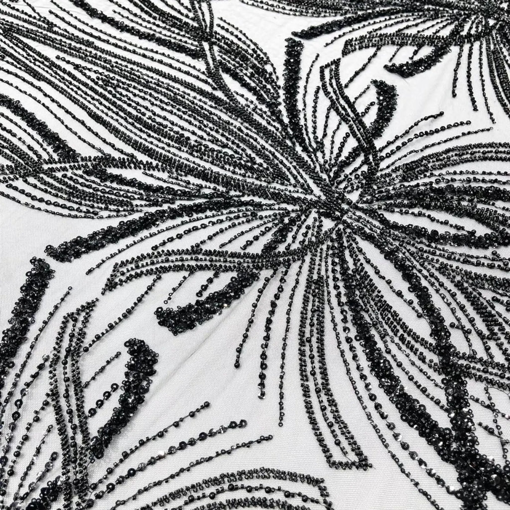 BLACK - Luxurious Design Lace - Beaded Design with Embroidered Sequins and Beads On a Mesh Lace Fabric By The Yard