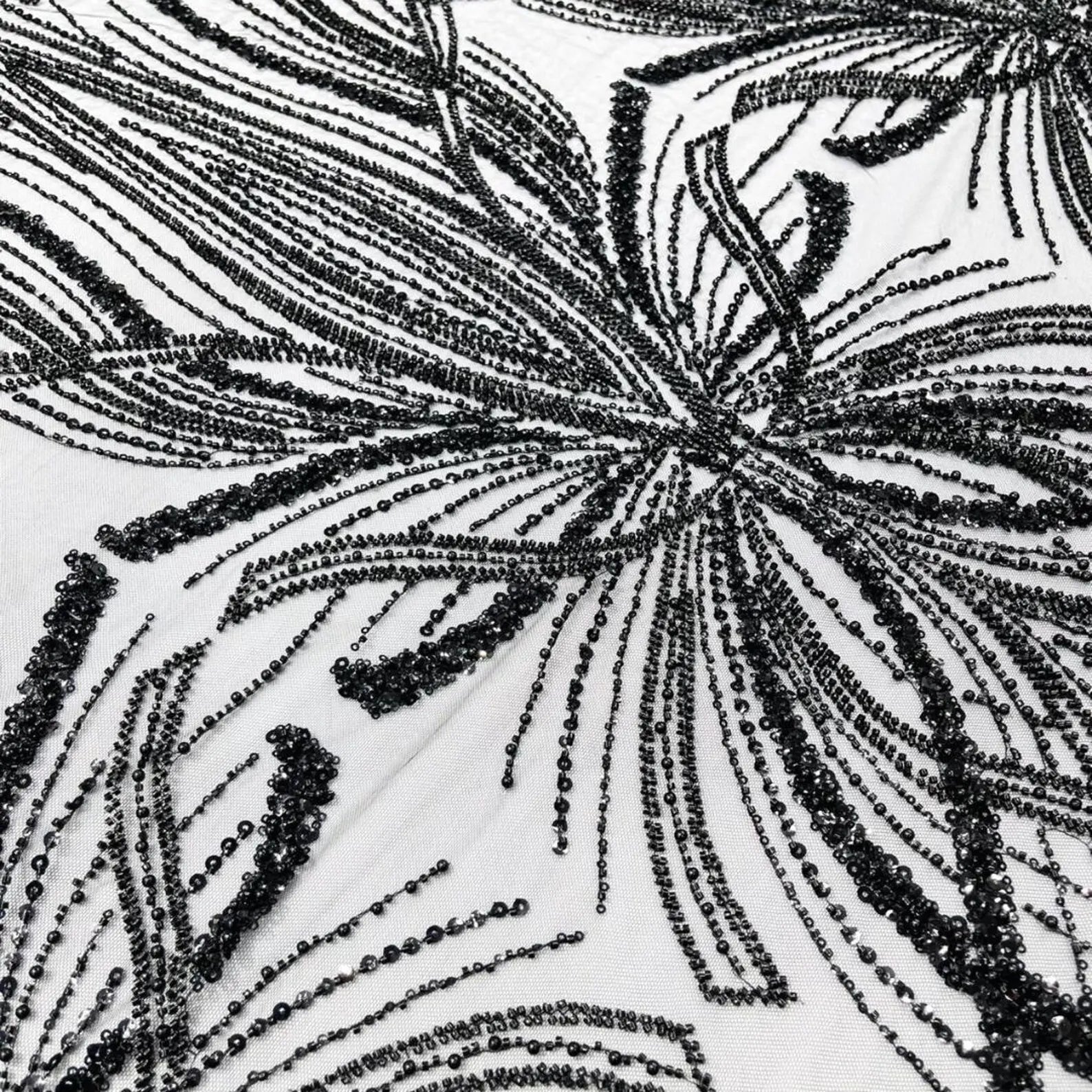 BLACK - Luxurious Design Lace - Beaded Design with Embroidered Sequins and Beads On a Mesh Lace Fabric By The Yard