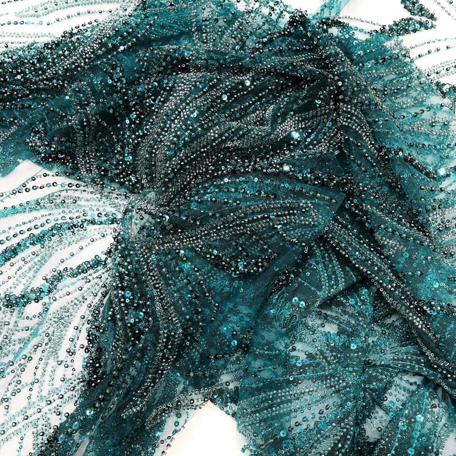 HUNTER - Luxurious Design Lace - Beaded Design with Embroidered Sequins and Beads On a Mesh Lace Fabric By The Yard