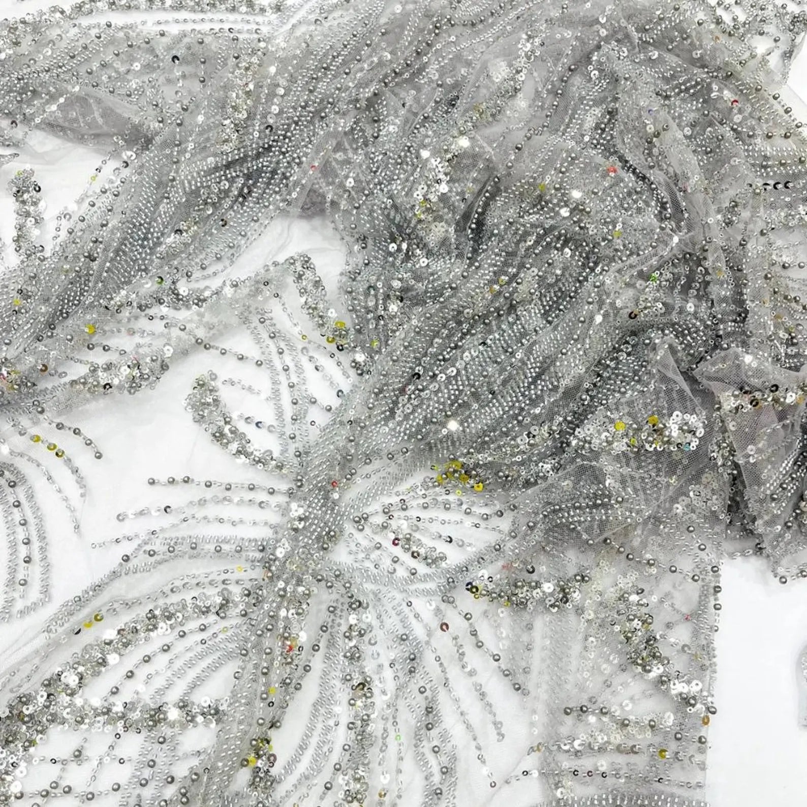 SILVER - Luxurious Design Lace - Beaded Design with Embroidered Sequins and Beads On a Mesh Lace Fabric By The Yard