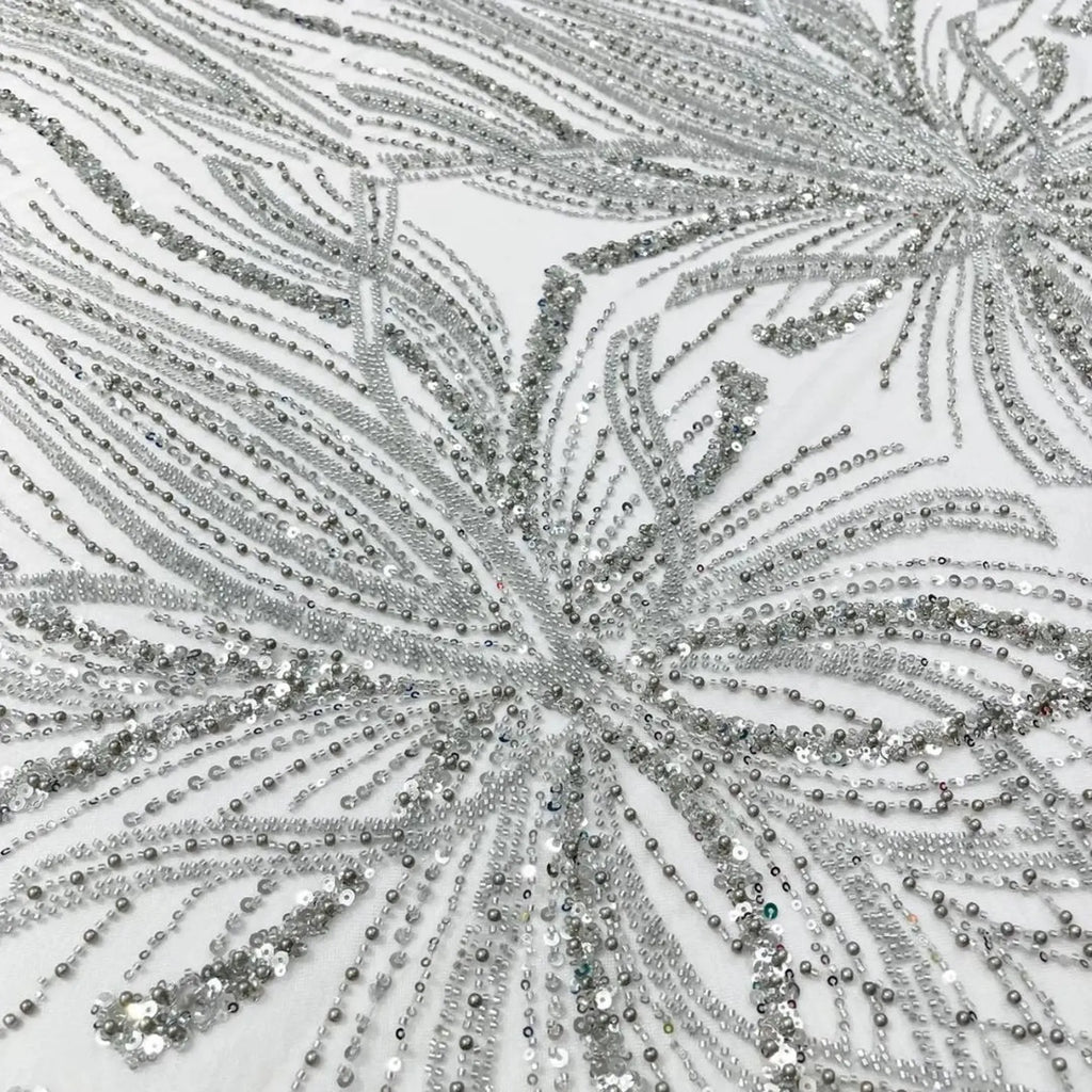 SILVER - Luxurious Design Lace - Beaded Design with Embroidered Sequins and Beads On a Mesh Lace Fabric By The Yard