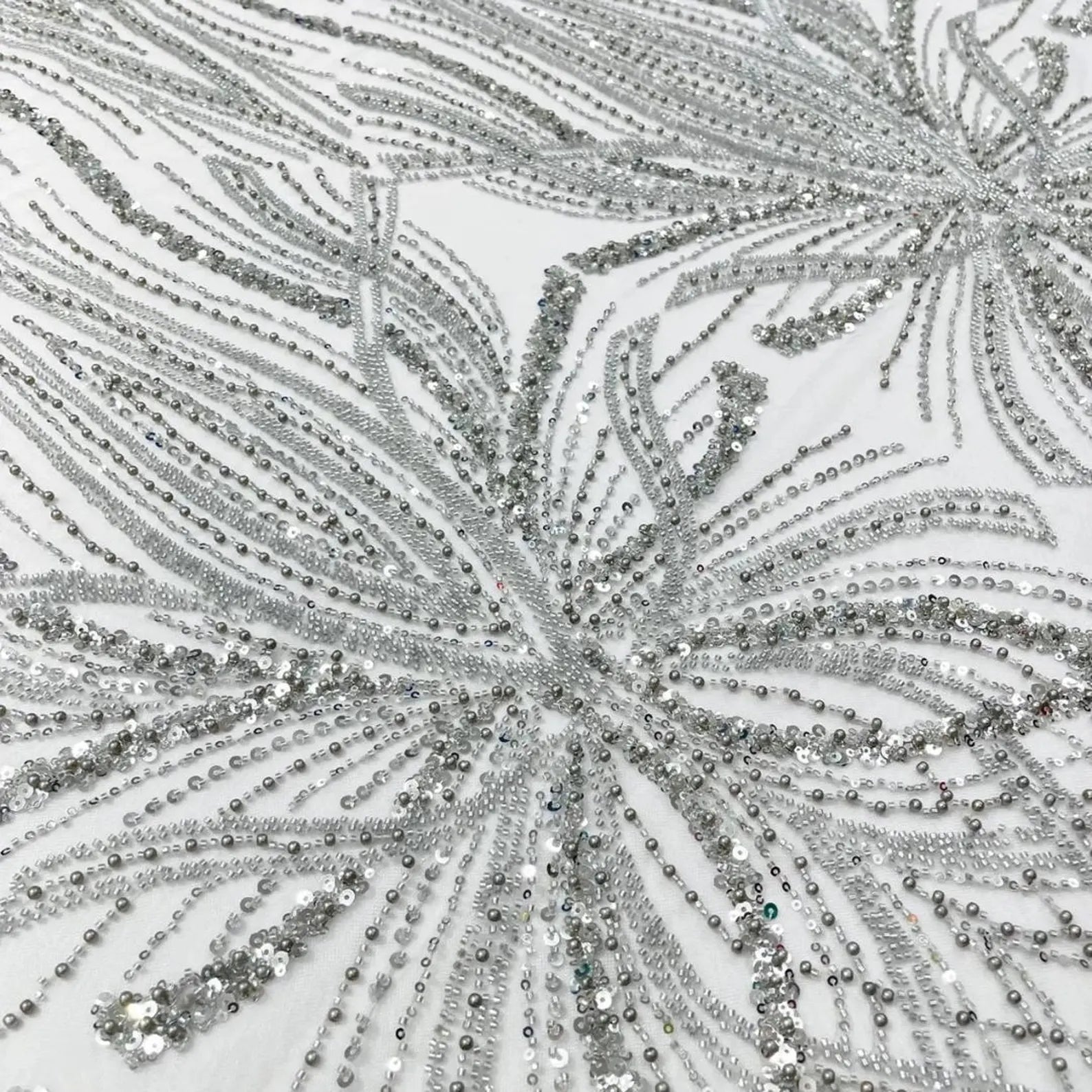 SILVER - Luxurious Design Lace - Beaded Design with Embroidered Sequins and Beads On a Mesh Lace Fabric By The Yard