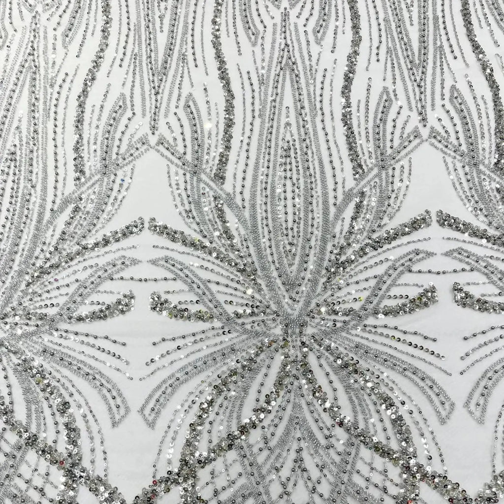 SILVER - Luxurious Design Lace - Beaded Design with Embroidered Sequins and Beads On a Mesh Lace Fabric By The Yard