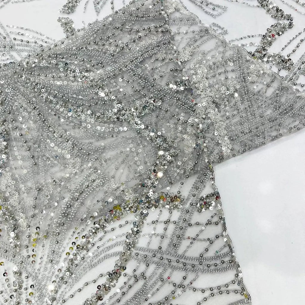 SILVER - Luxurious Design Lace - Beaded Design with Embroidered Sequins and Beads On a Mesh Lace Fabric By The Yard