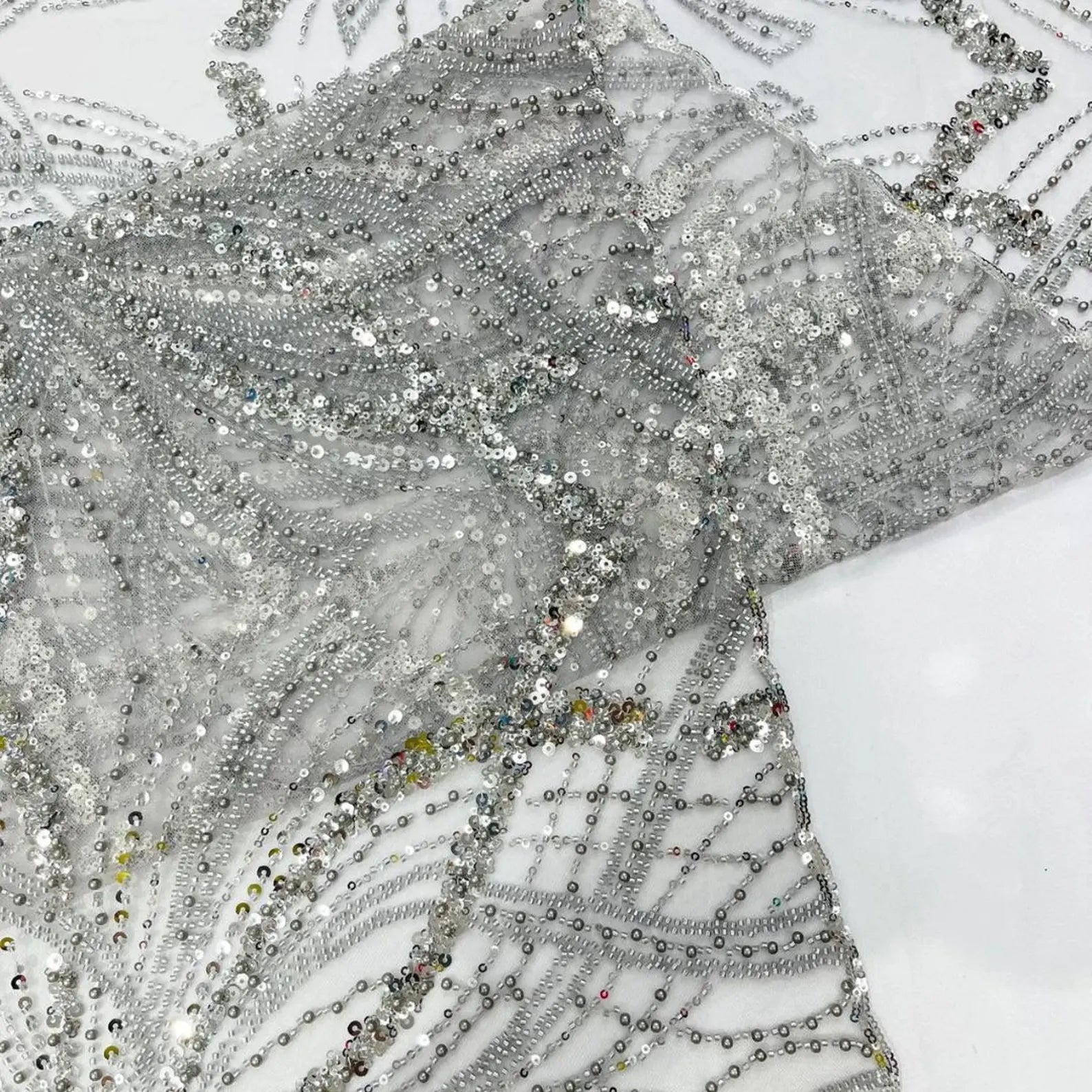SILVER - Luxurious Design Lace - Beaded Design with Embroidered Sequins and Beads On a Mesh Lace Fabric By The Yard