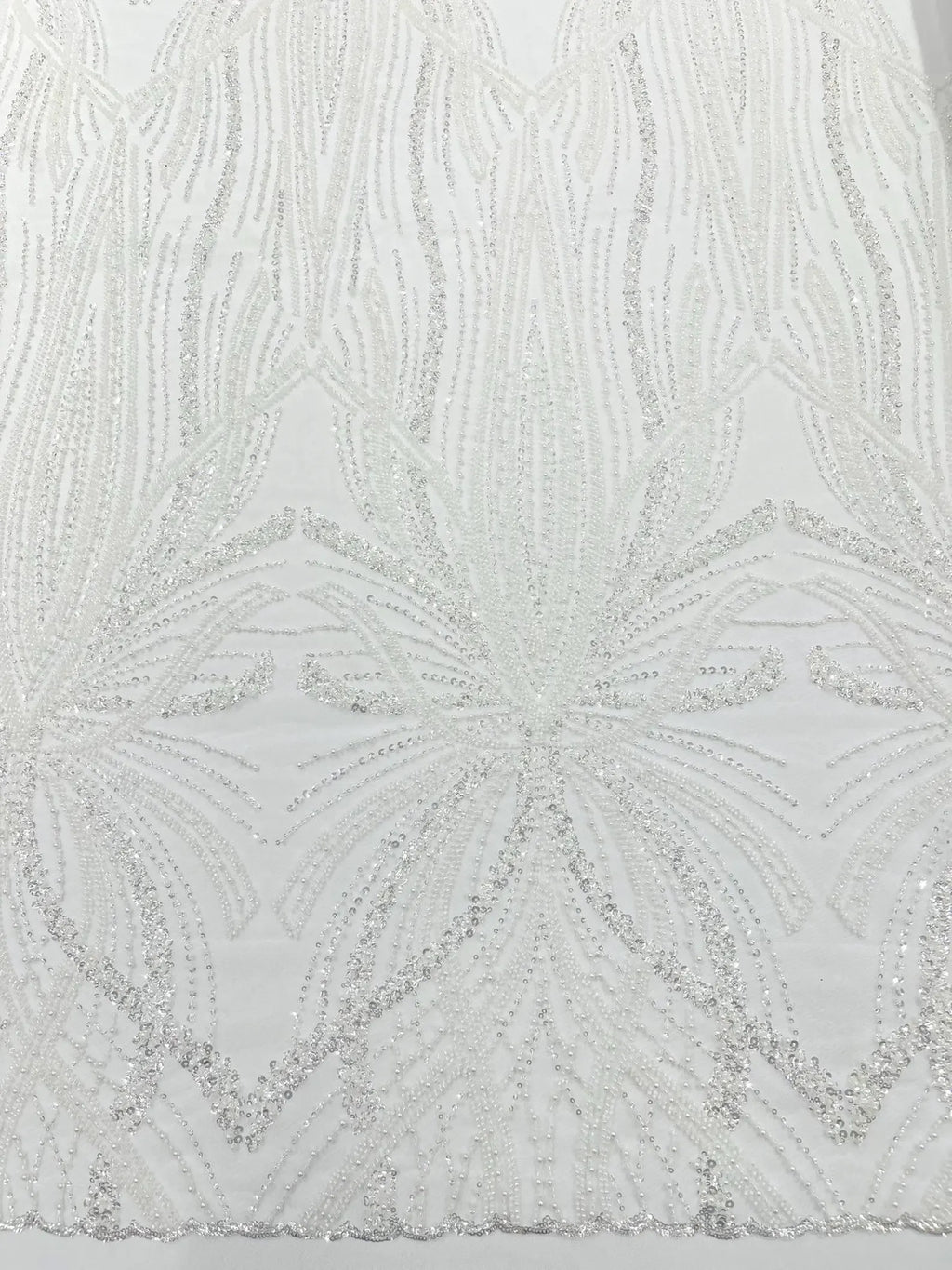 WHITE - Luxurious Design Lace - Beaded Design with Embroidered Sequins and Beads On a Mesh Lace Fabric By The Yard