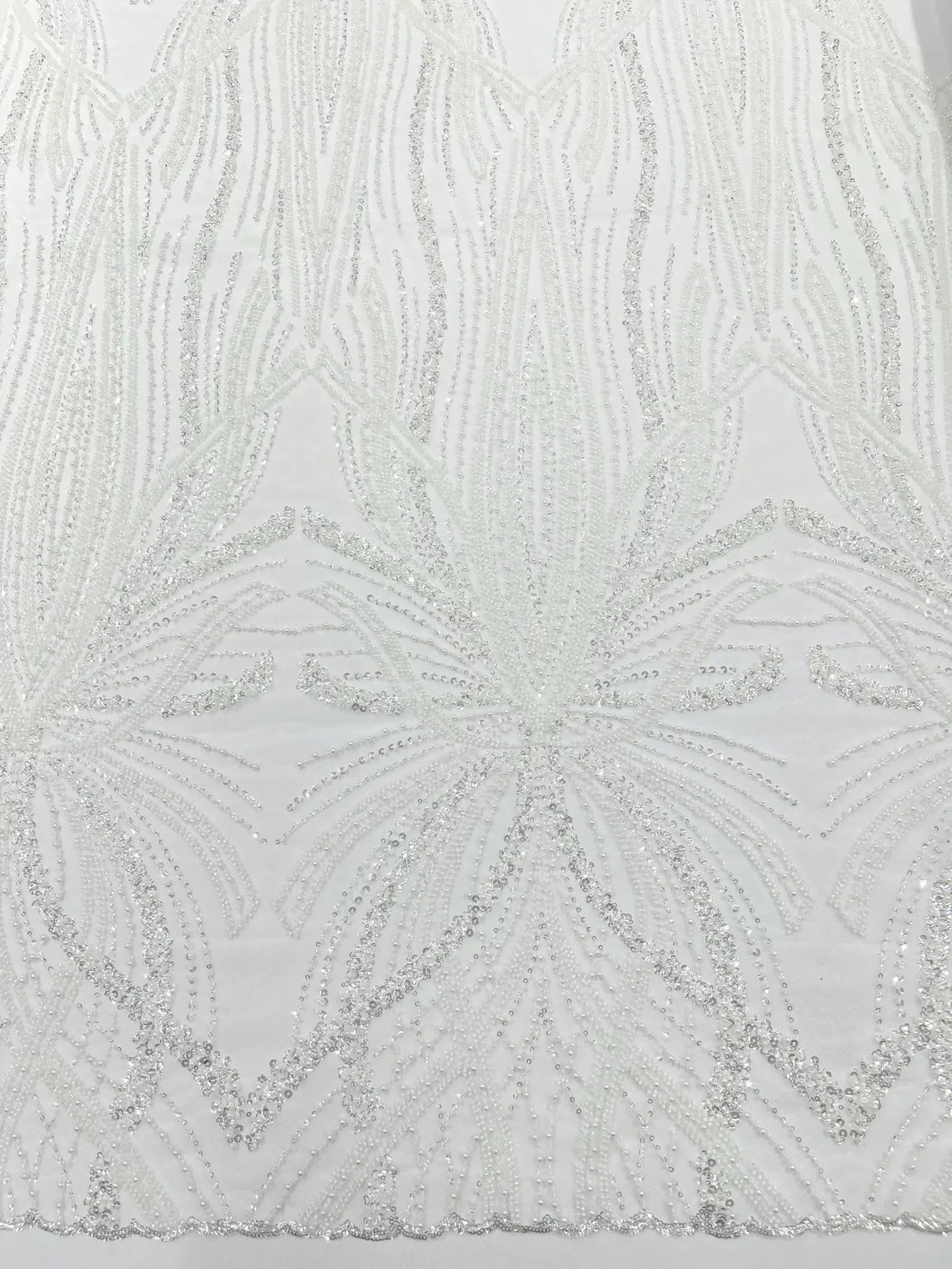 WHITE - Luxurious Design Lace - Beaded Design with Embroidered Sequins and Beads On a Mesh Lace Fabric By The Yard