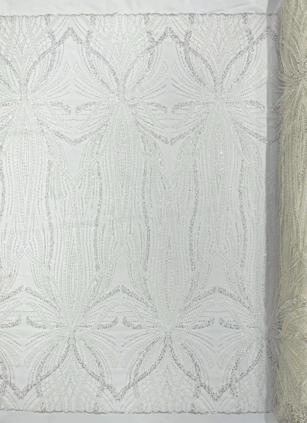 WHITE - Luxurious Design Lace - Beaded Design with Embroidered Sequins and Beads On a Mesh Lace Fabric By The Yard