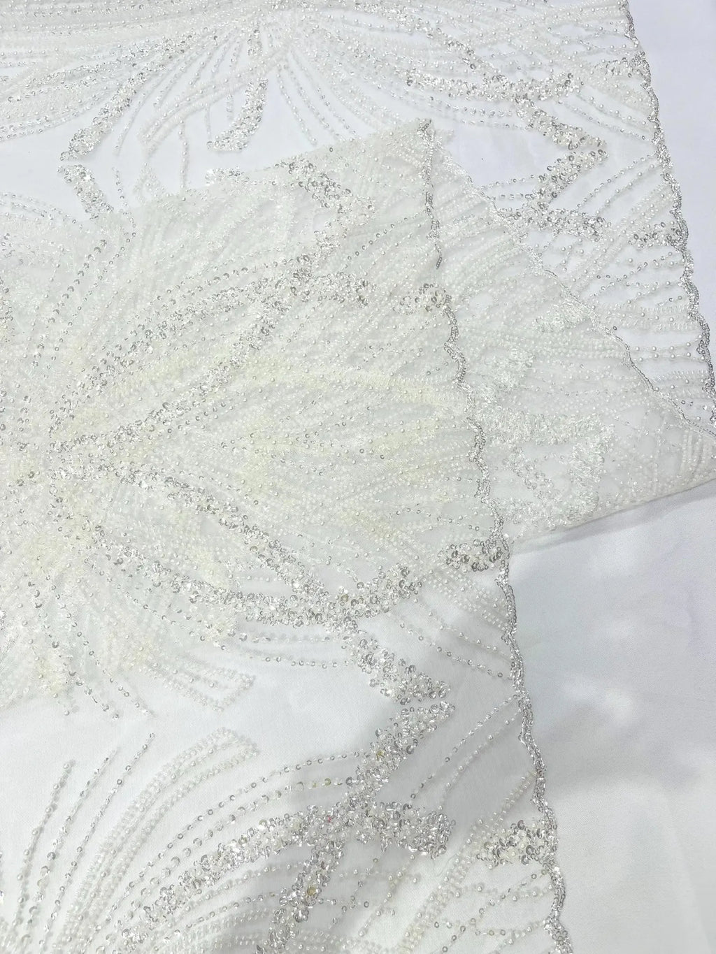 WHITE - Luxurious Design Lace - Beaded Design with Embroidered Sequins and Beads On a Mesh Lace Fabric By The Yard