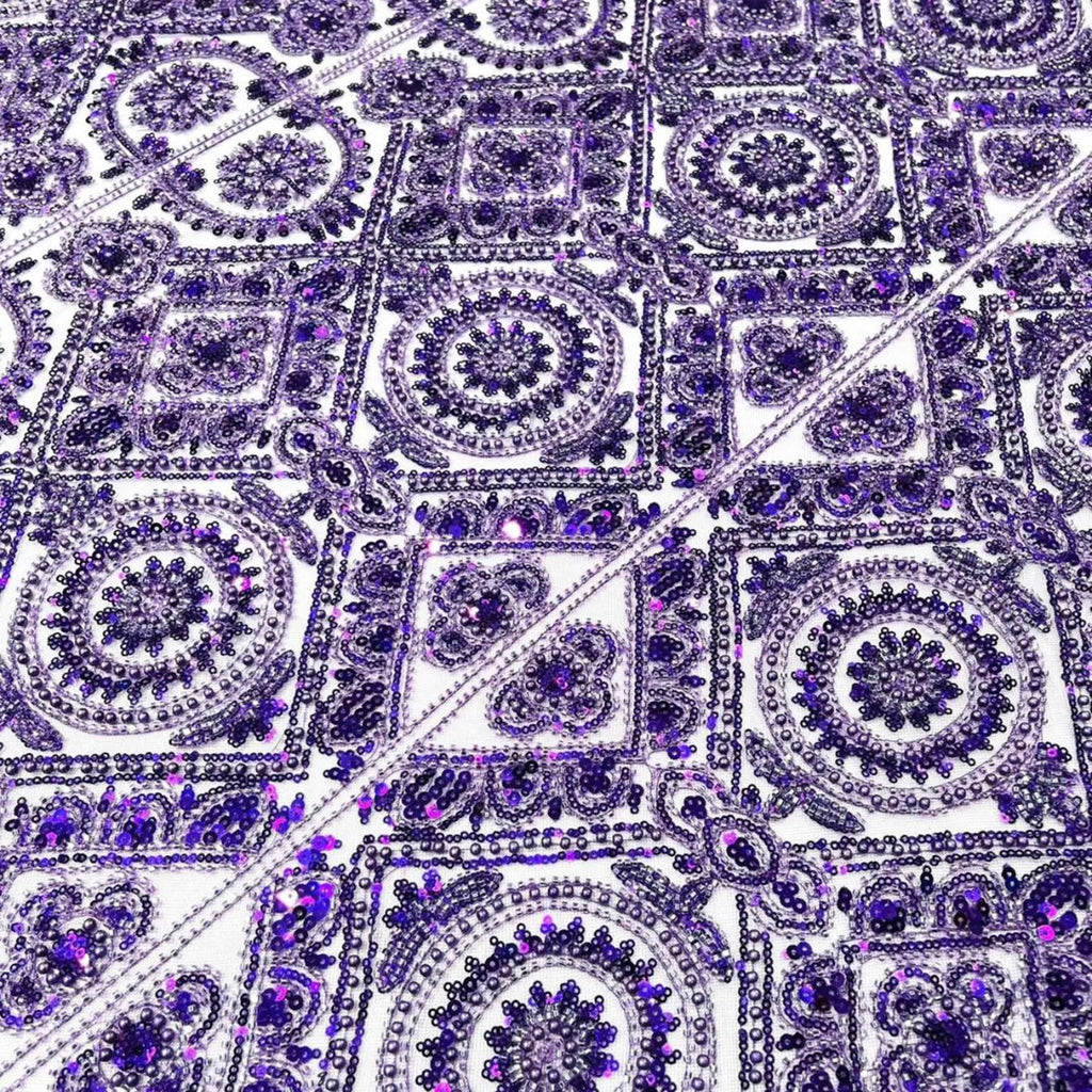 Luxurious Design Lace - Purple - Geometric Beaded Design with Embroidered Sequins and Beads On a Mesh Lace Fabric By The Yard