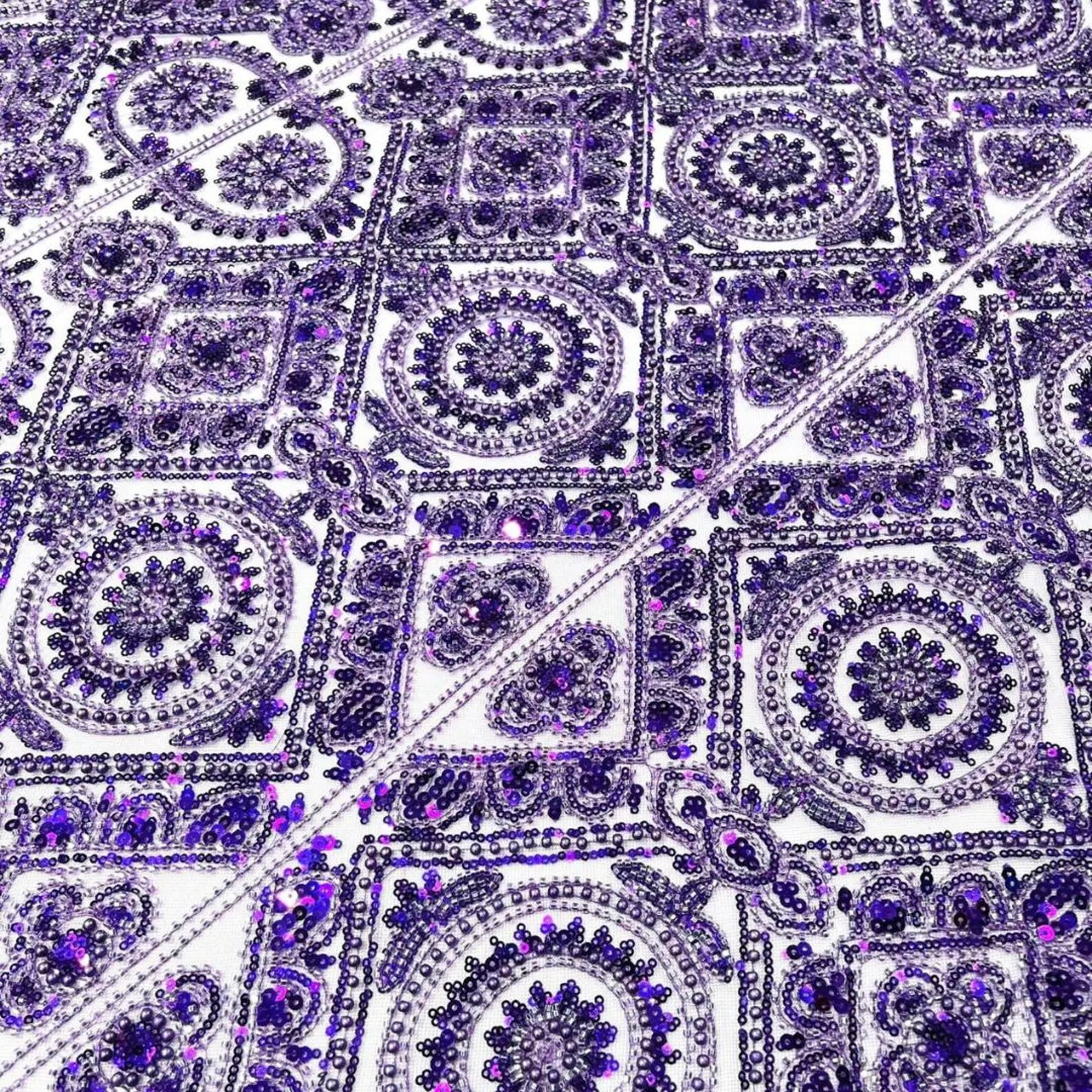 Luxurious Design Lace - Purple - Geometric Beaded Design with Embroidered Sequins and Beads On a Mesh Lace Fabric By The Yard