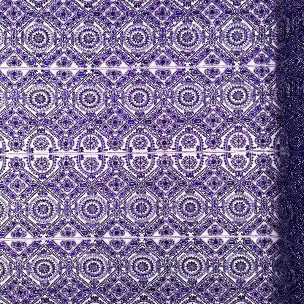 Luxurious Design Lace - Purple - Geometric Beaded Design with Embroidered Sequins and Beads On a Mesh Lace Fabric By The Yard