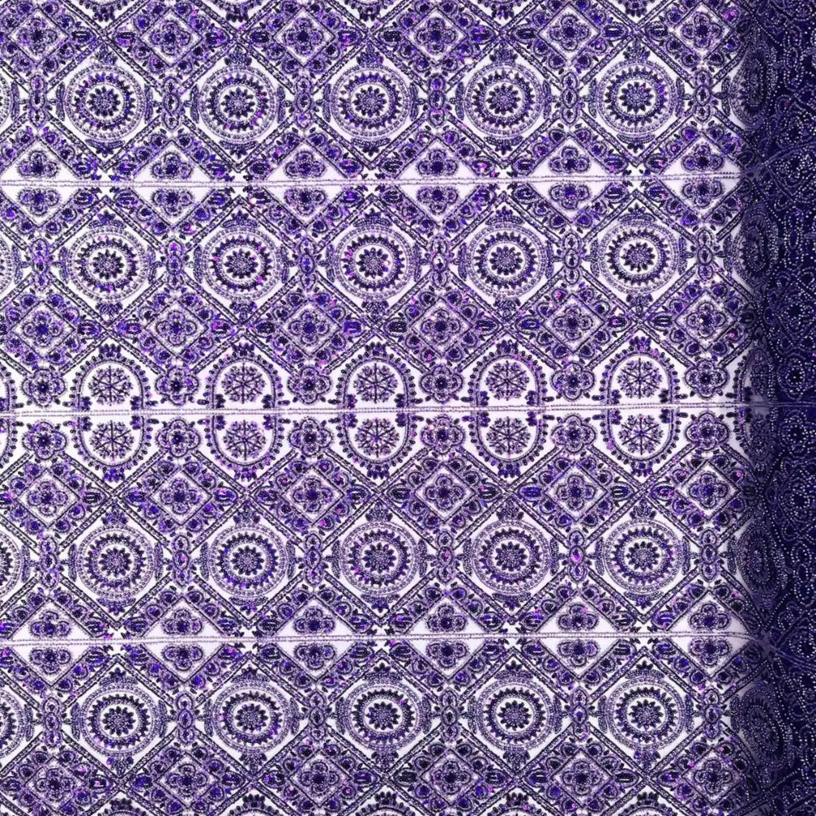 Luxurious Design Lace - Purple - Geometric Beaded Design with Embroidered Sequins and Beads On a Mesh Lace Fabric By The Yard