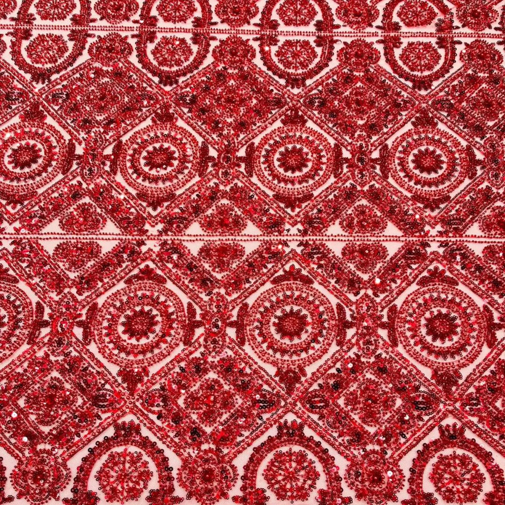 Luxurious Design Lace - Red - Geometric Beaded Design with Embroidered Sequins and Beads On a Mesh Lace Fabric By The Yard