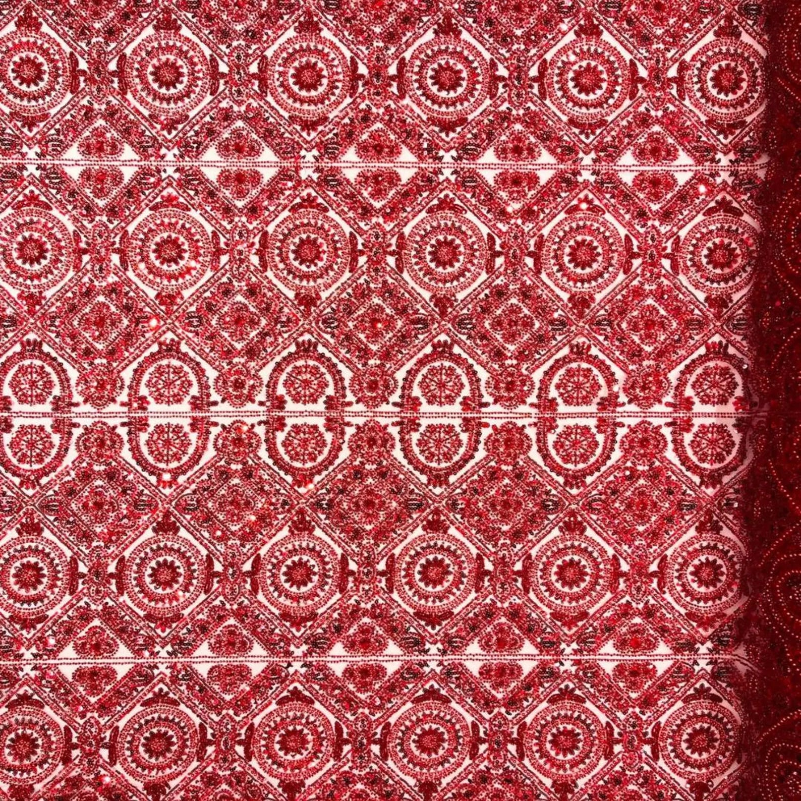 Luxurious Design Lace - Red - Geometric Beaded Design with Embroidered Sequins and Beads On a Mesh Lace Fabric By The Yard