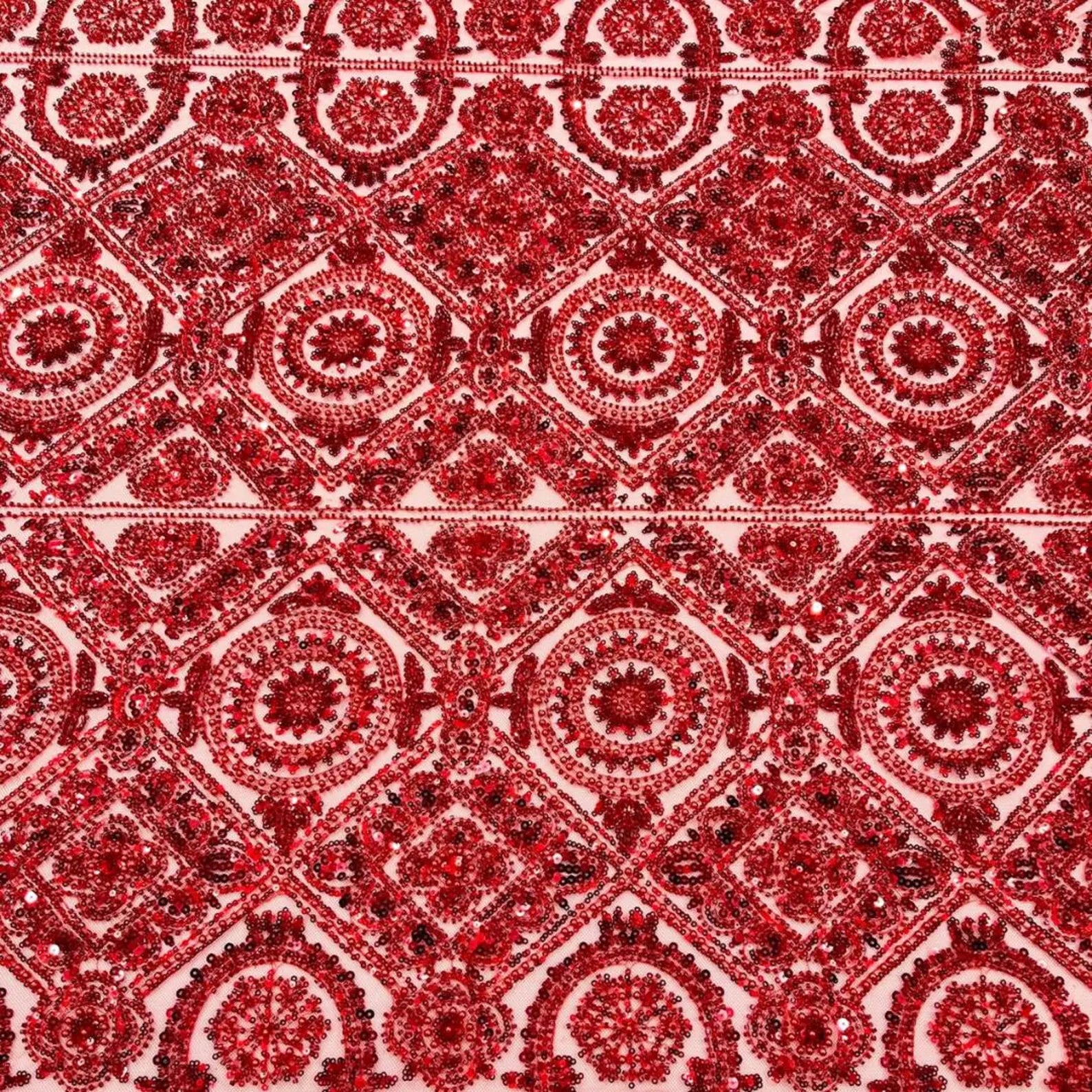 Luxurious Design Lace - Red - Geometric Beaded Design with Embroidered Sequins and Beads On a Mesh Lace Fabric By The Yard