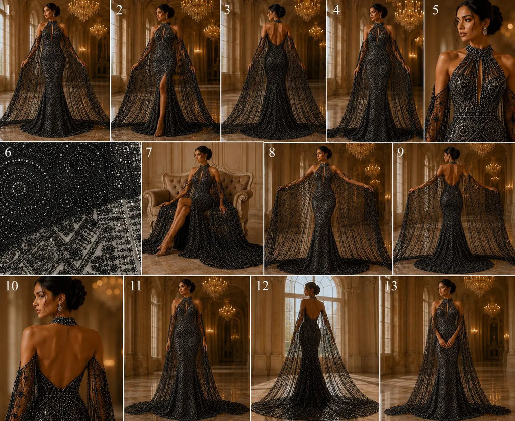 Luxurious Design Lace - Black - Geometric Beaded Design with Embroidered Sequins and Beads On a Mesh Lace Fabric By The Yard